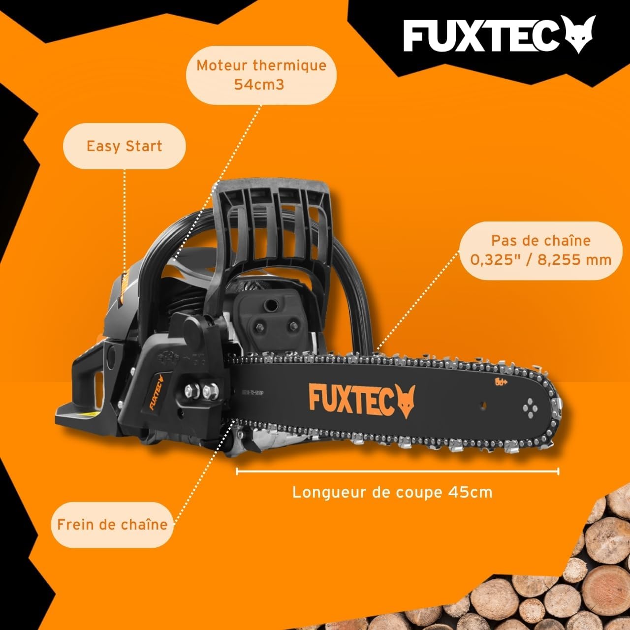 Fuxtec Tronçonneuse Thermique 46 cm - 18 Pouces FX-KS255 Black Edition 54cm3 2 Temps Essence 2,3kW Élagage Ébranchage Bois De Chauffage