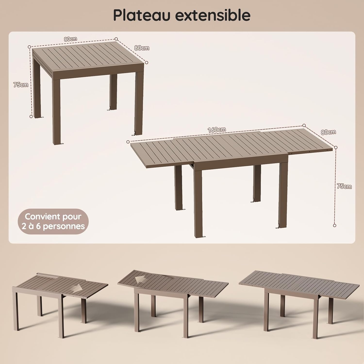 Devoko - Table de jardin extensible - 80/160x80x75 cm - aluminium marron, résistante intempéries