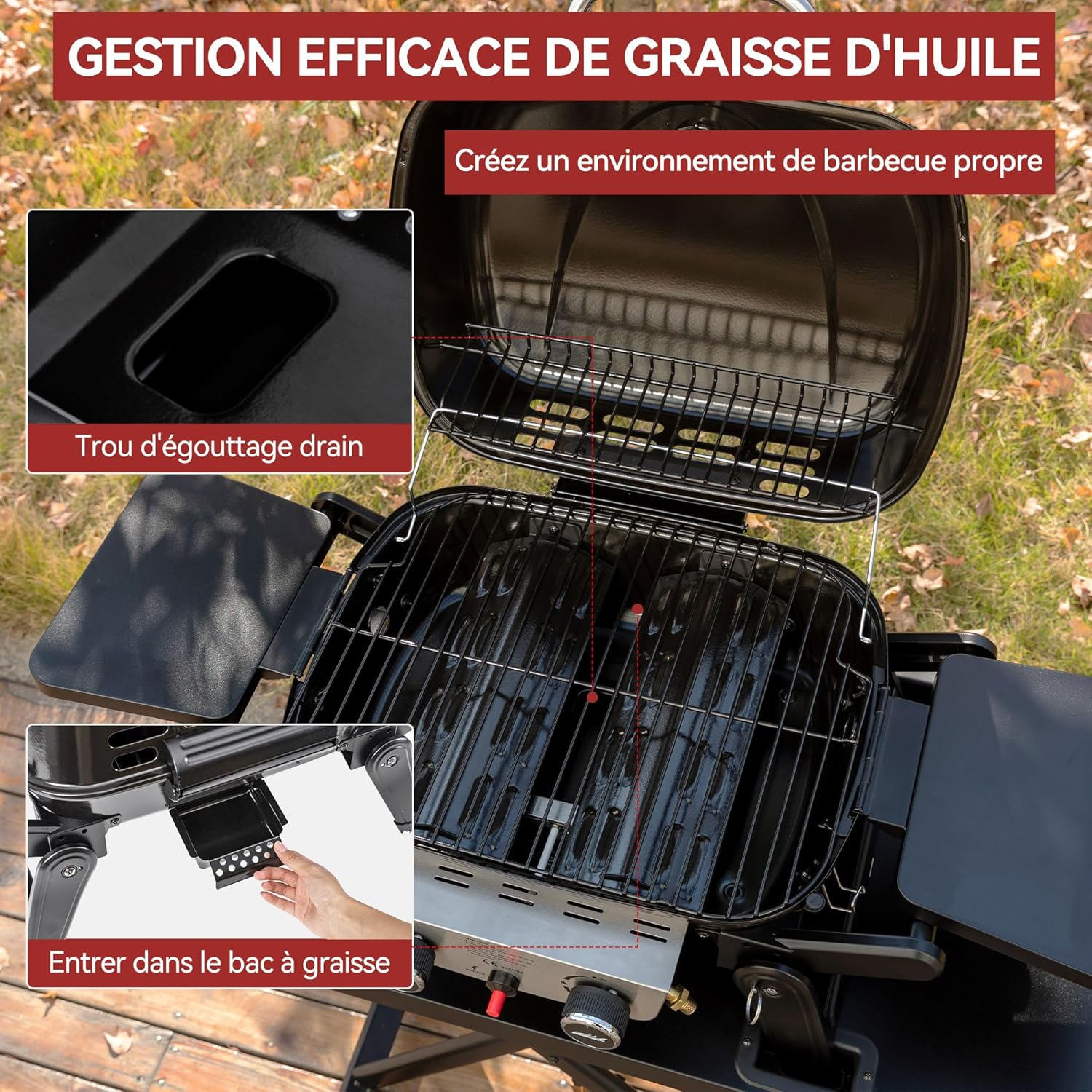 Royal Gourmet - barbecue gaz portable - 48x37 cm - 2 brûleurs, tables pliantes, chariot détachable, 5kW