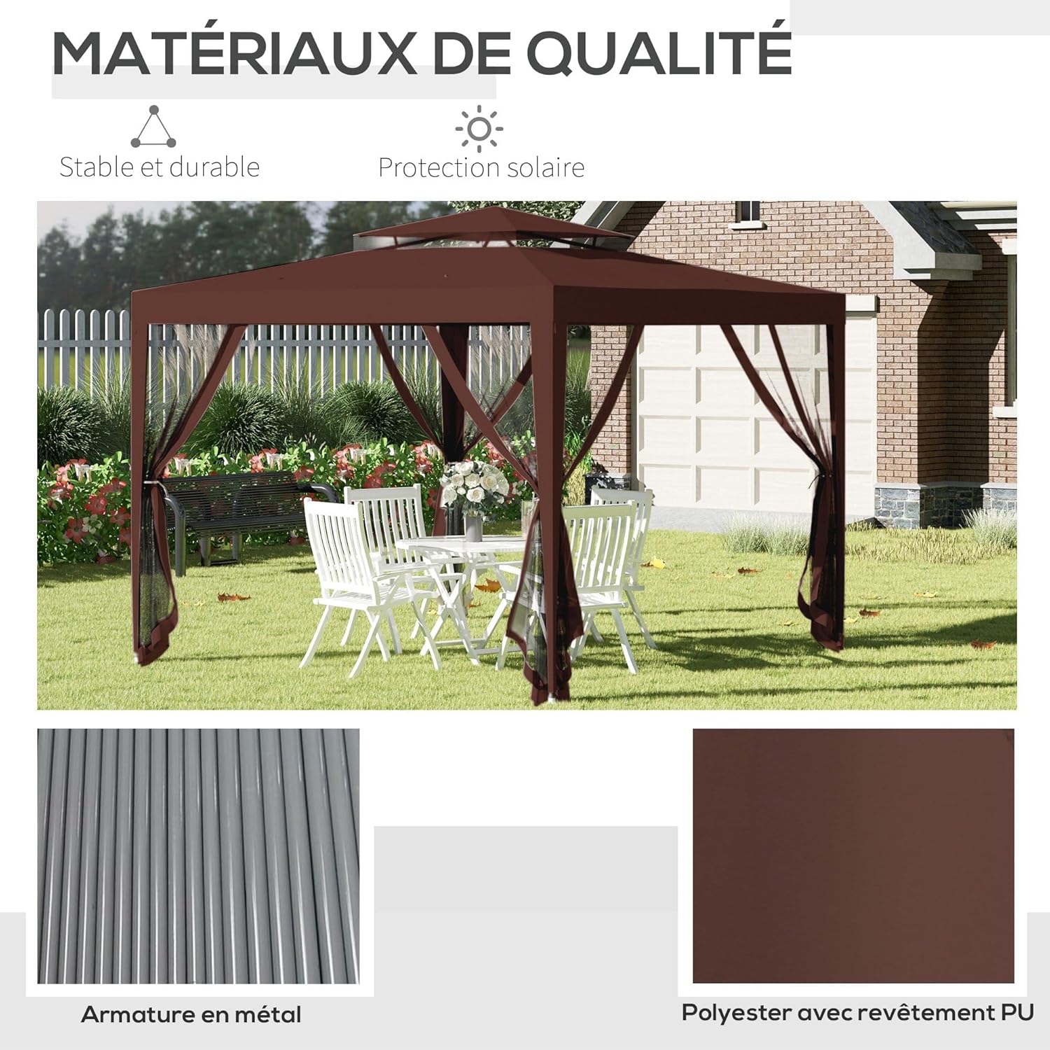 Outsunny - Tonnelle Barnum Jardin - 3x3m - double toit, 4 moustiquaires amovibles