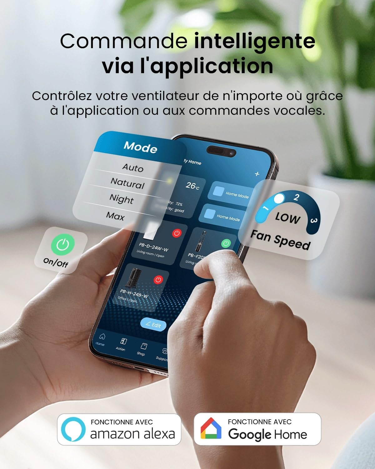 Pro Breeze - Ventilateur Tour WiFi Intelligent 101cm - Silencieux, LED, télécommande, 6 vitesses, oscillation
