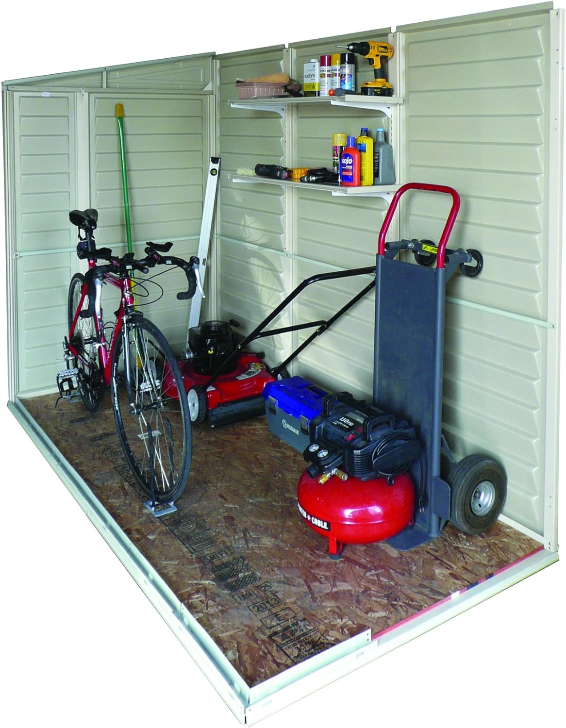 Duramax SideMate 4 x 8 (2.91 m²) abri de jardin en plastique avec kit de fondation en métal, porte réversible, structure de toit en métal robuste, abri en vinyle sans entretien - Ivoire