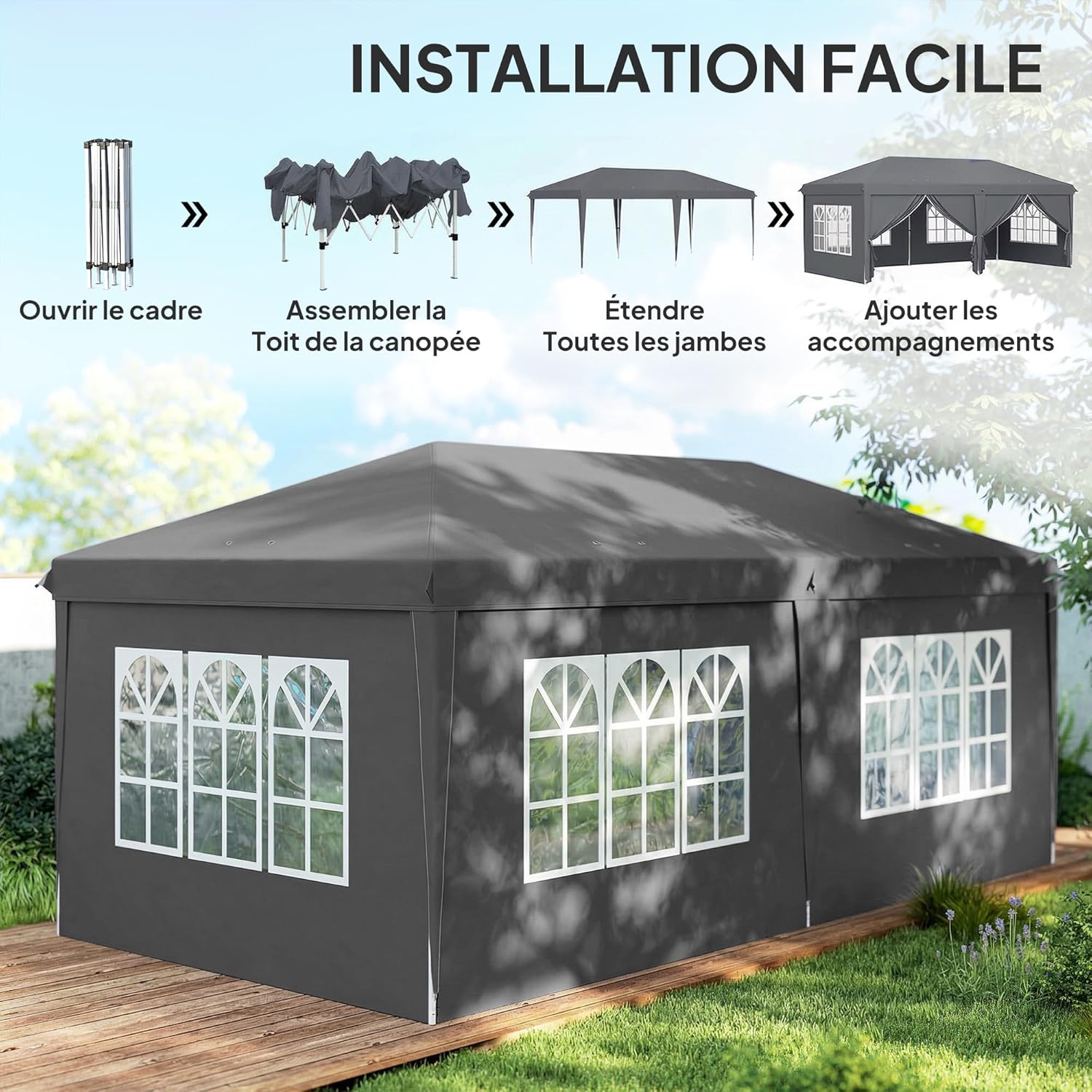 Outsunny - Tonnelle pliable 3x6m acier renforcé, côtés amovibles, gris