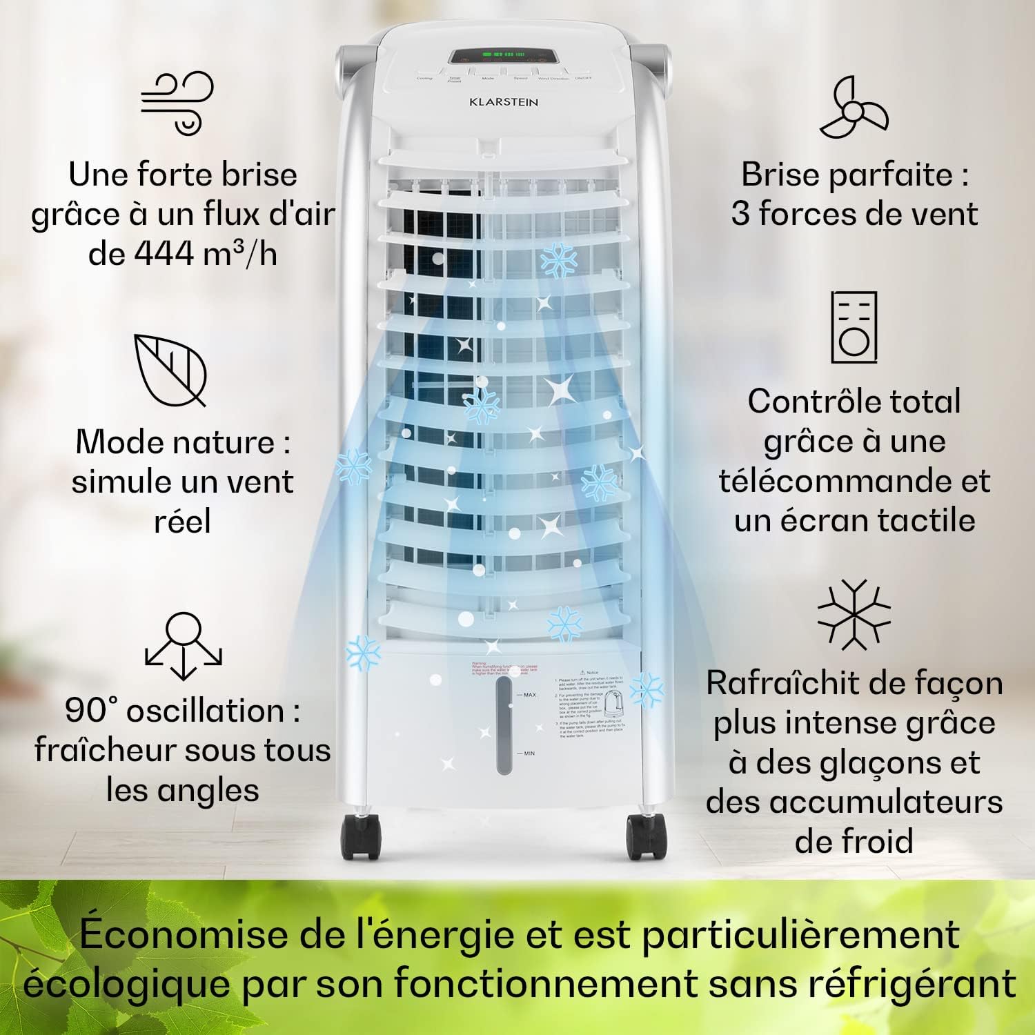 Klarstein Rafraichisseur d'Air 4 en 1, Climatiseur Portable, Humidificateur, Ventilateur, Ioniseur, Climatiseur Mobile Sans Évacuation, Pack Glacons, Réservoir 6L, 65W, Puissant Débit d'Air 444m³/h