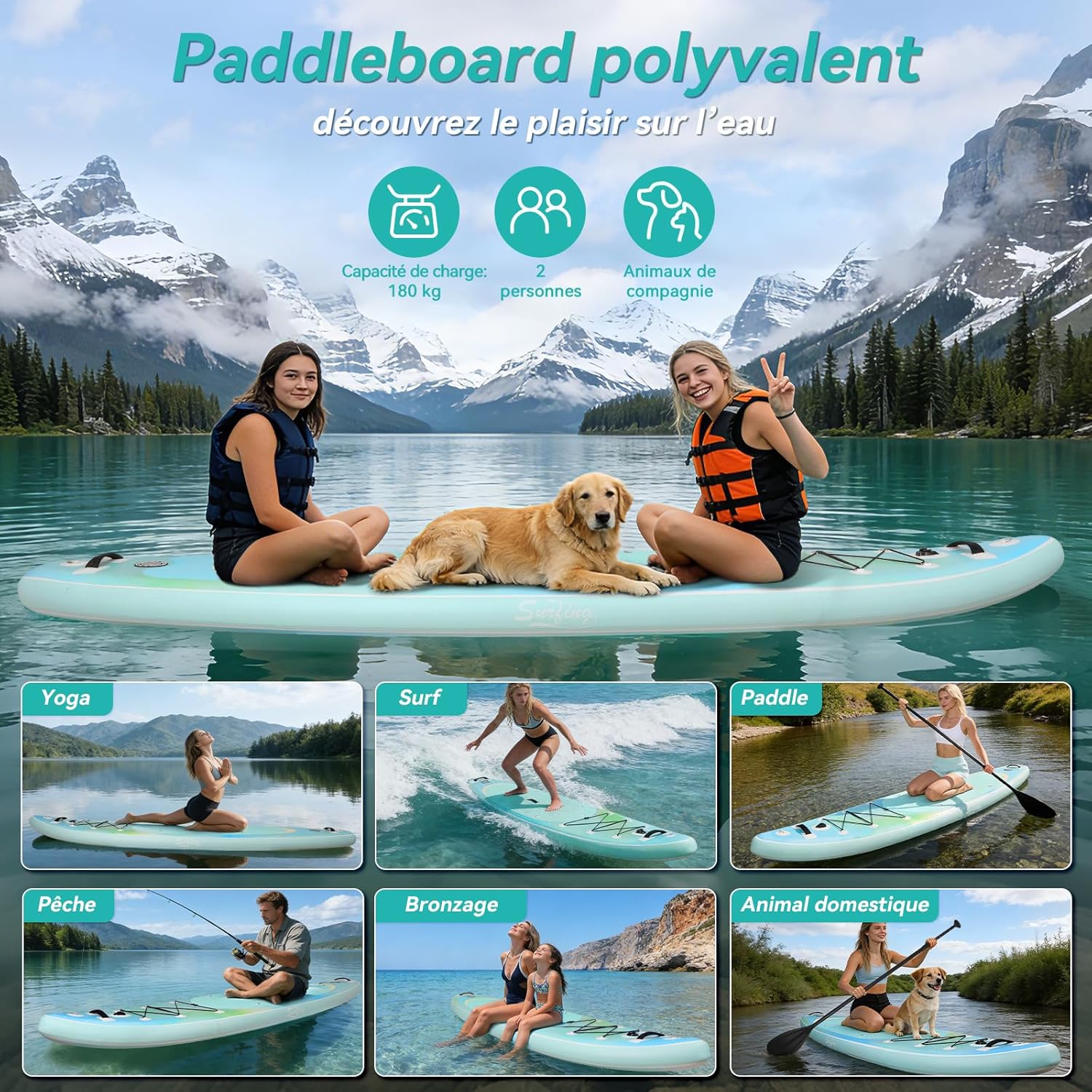 YU YUSING - paddle gonflable adulte - 320/335cm - 2 places, siège kayak, pagaie alu, support caméra, pompe, 150 kg