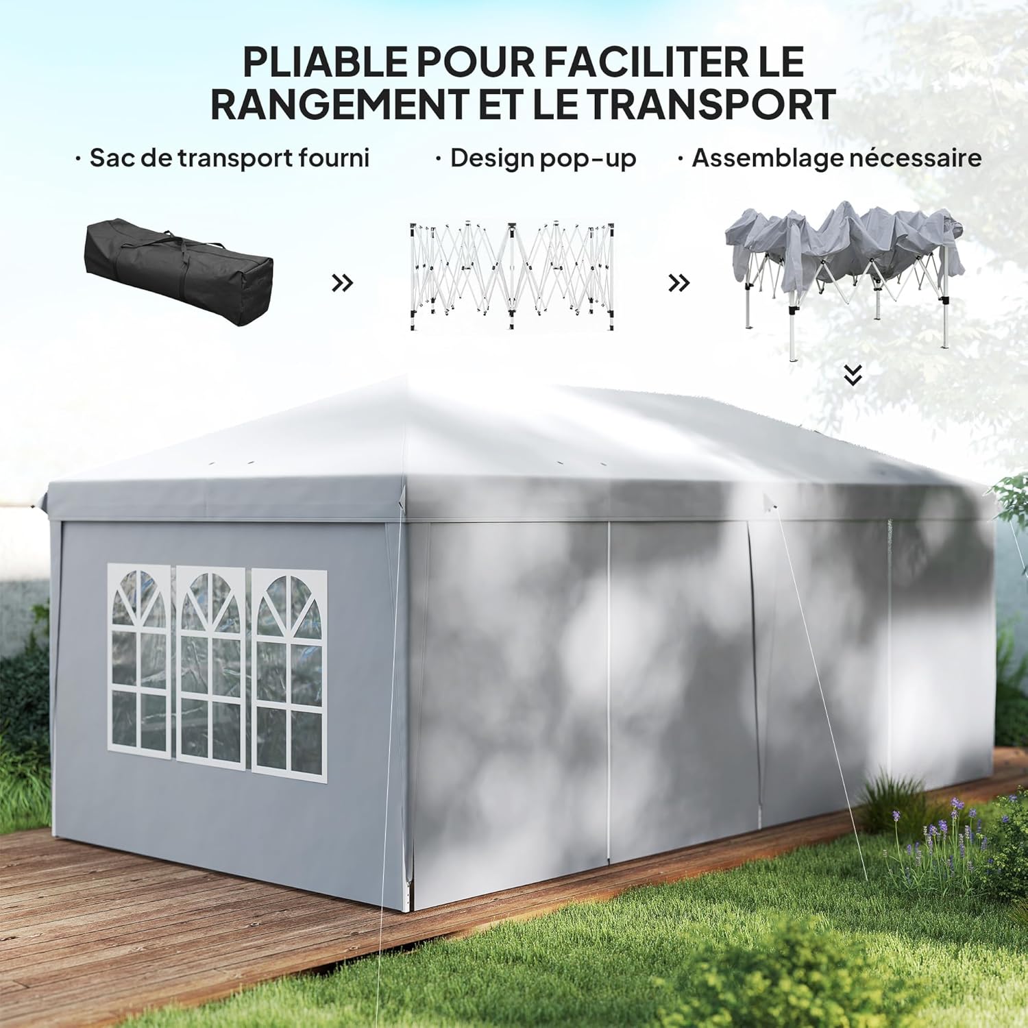 Outsunny - Tonnelle pliante 3x6m, acier renforcé, côtés amovibles, sac, gris