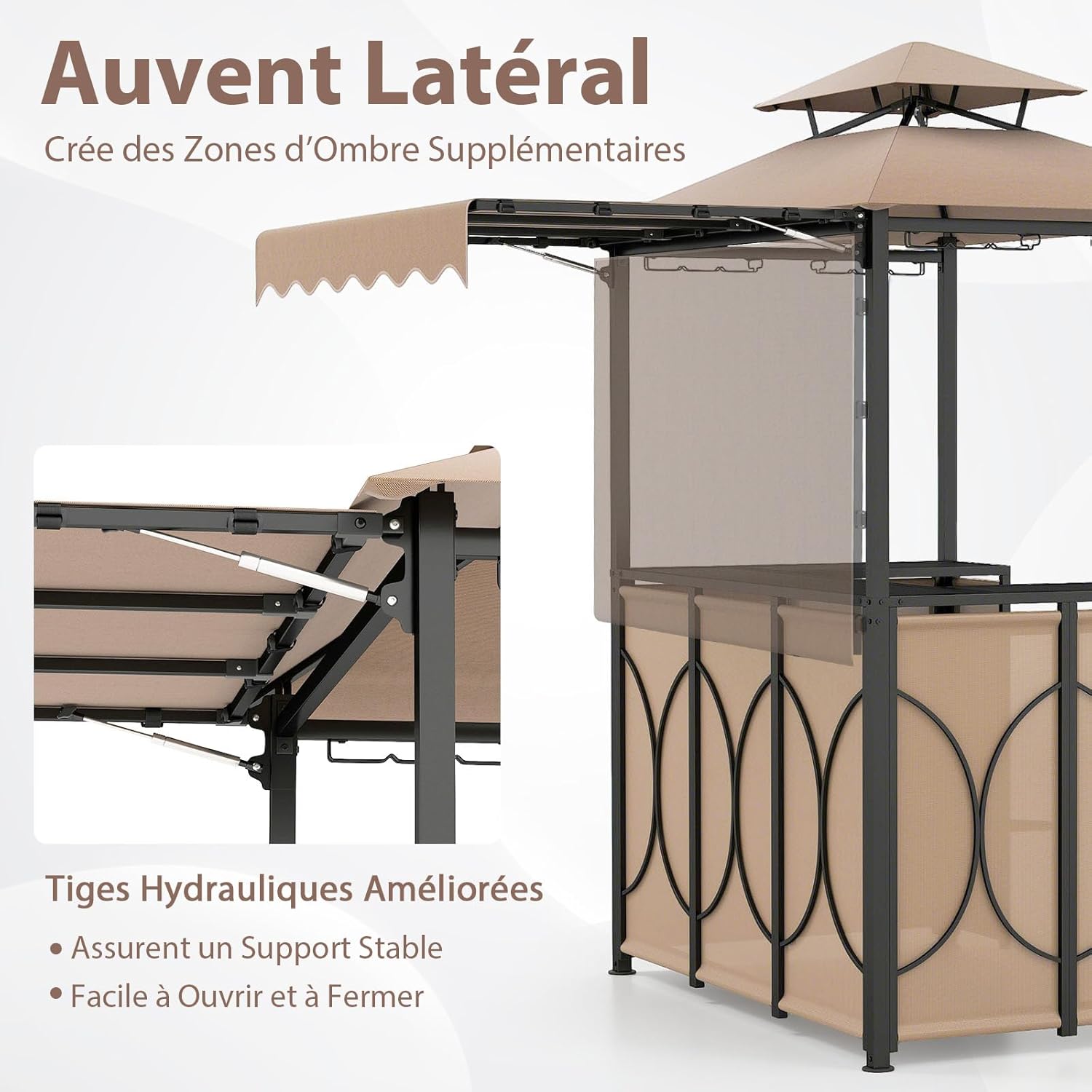 GOPLUS 4 Pcs Ensemble Salon de Bar, Abri Barbecue Jardin Exterieur avec Auvent Latéral, Table de Bar, 2 Tabourets Pliants, Crochet et 4 Rangées Porte-Verres (Café|Auvent|Chaises)