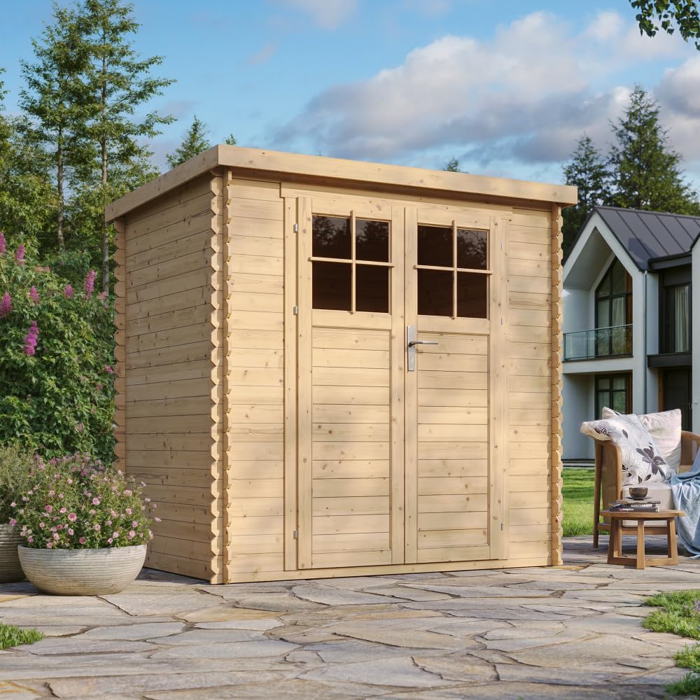 TIMBELA - abri de jardin bois, 204x142x200cm, porte verrouillable, toit étanche, fenêtres, M311F