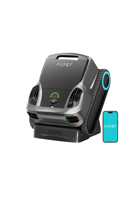 Appareil robotique noir et gris avec des accents turquoises affiché à côté d'un smartphone de couleur turquoise. L'appareil semble être un robot de nettoyage ou de maintenance au design incurvé.