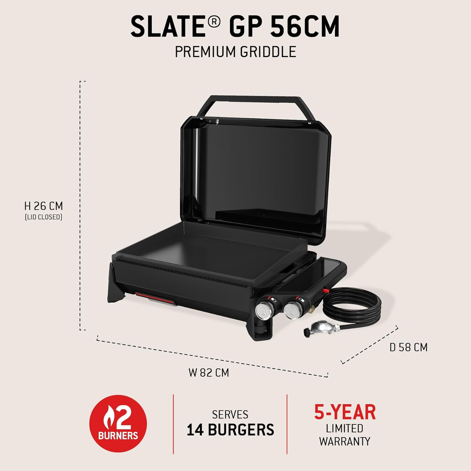 Weber - SLATE GP - 56x41 cm - plancha 2 brûleurs, surface émaillée, ajustable, jusqu'à 260°C, noir