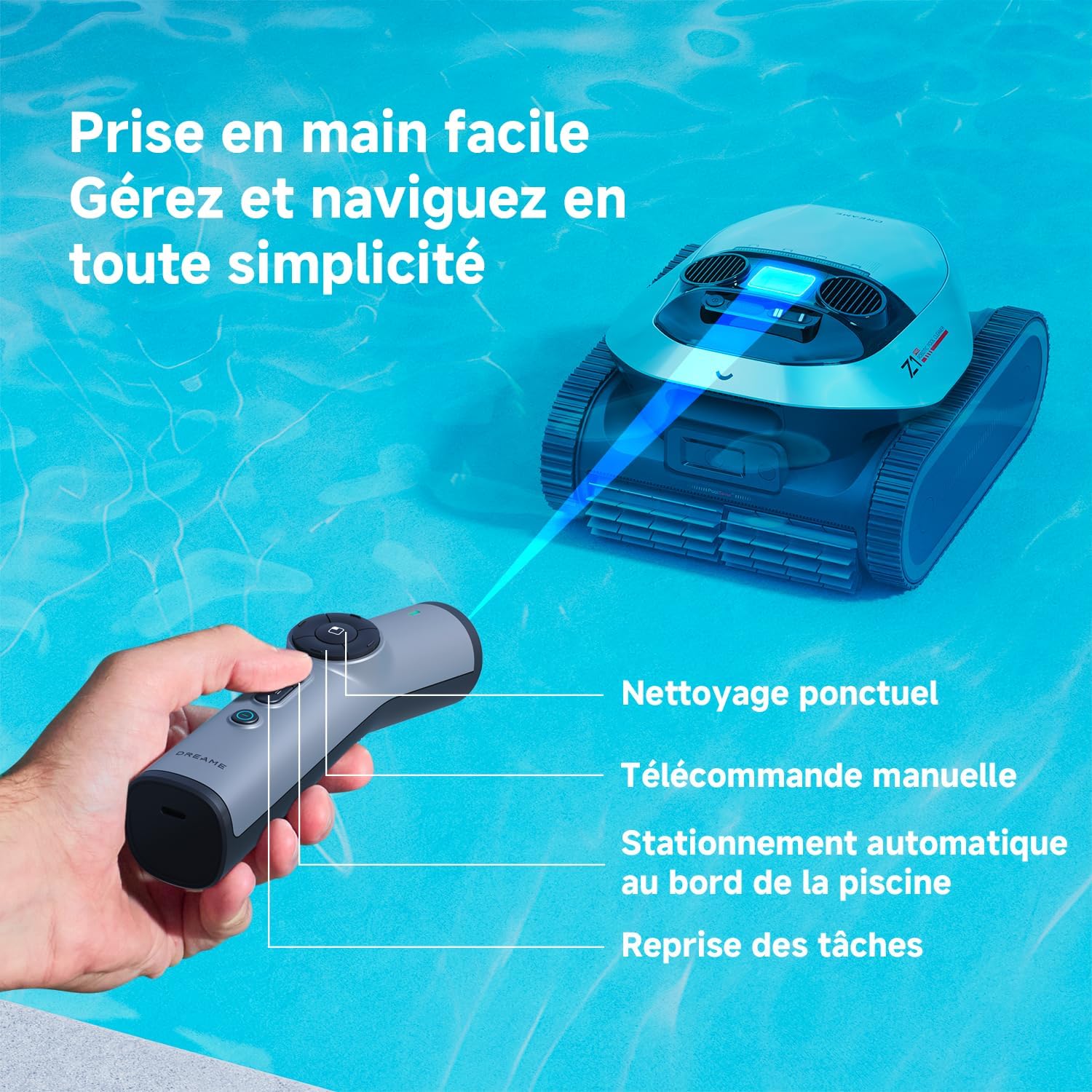 DREAME Z1 Pro Robot Piscine sans Fil, Puissance d'Aspiration 30 000 LPH, Nettoyage du Fond, Parois et Ligne d'eau, Télécommande Manuelle, 240 Min, Jusqu'à 200 m²