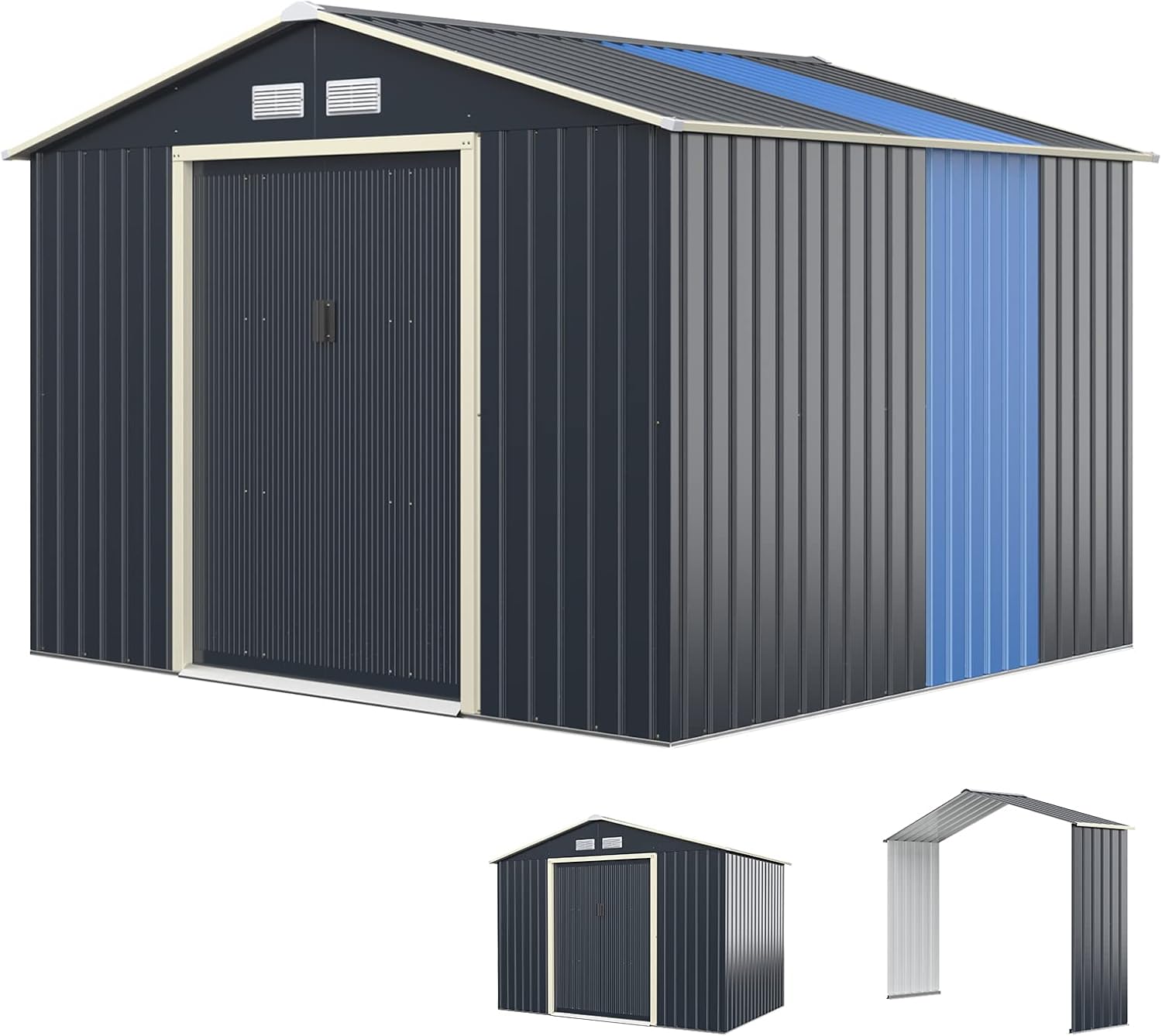 COSTWAY Abri de Jardin en Métal + 1 Kit d'Extension, avec 2 Portes Coulissantes Verrouillables, 4 Trous d’Aération, Toit Penché, Gris pour Vélo, Poubelle (277,5 x 255 x 202,5cm)