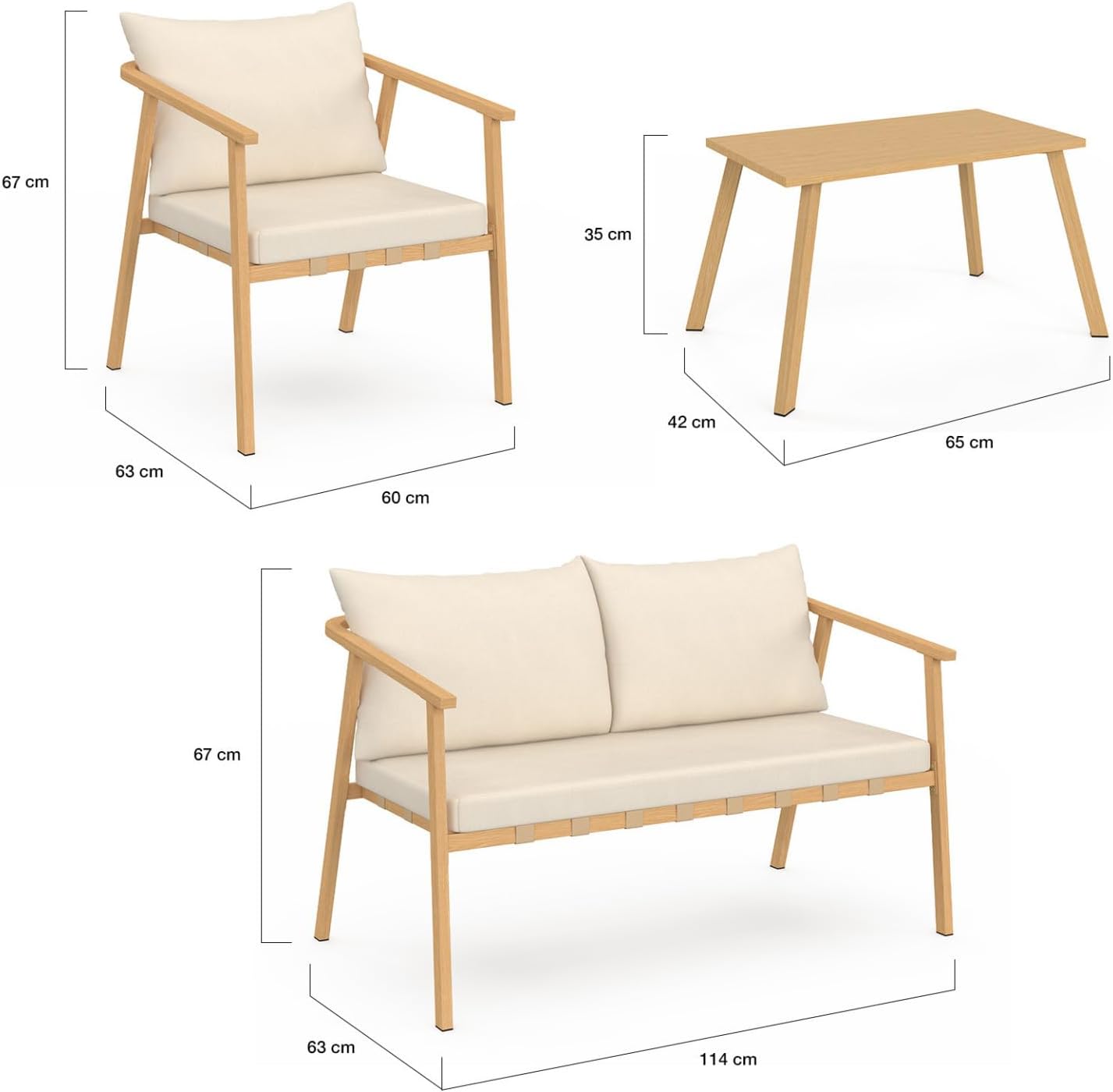 IDMarket - Malta salon bas 4 places métal bois coussins beiges