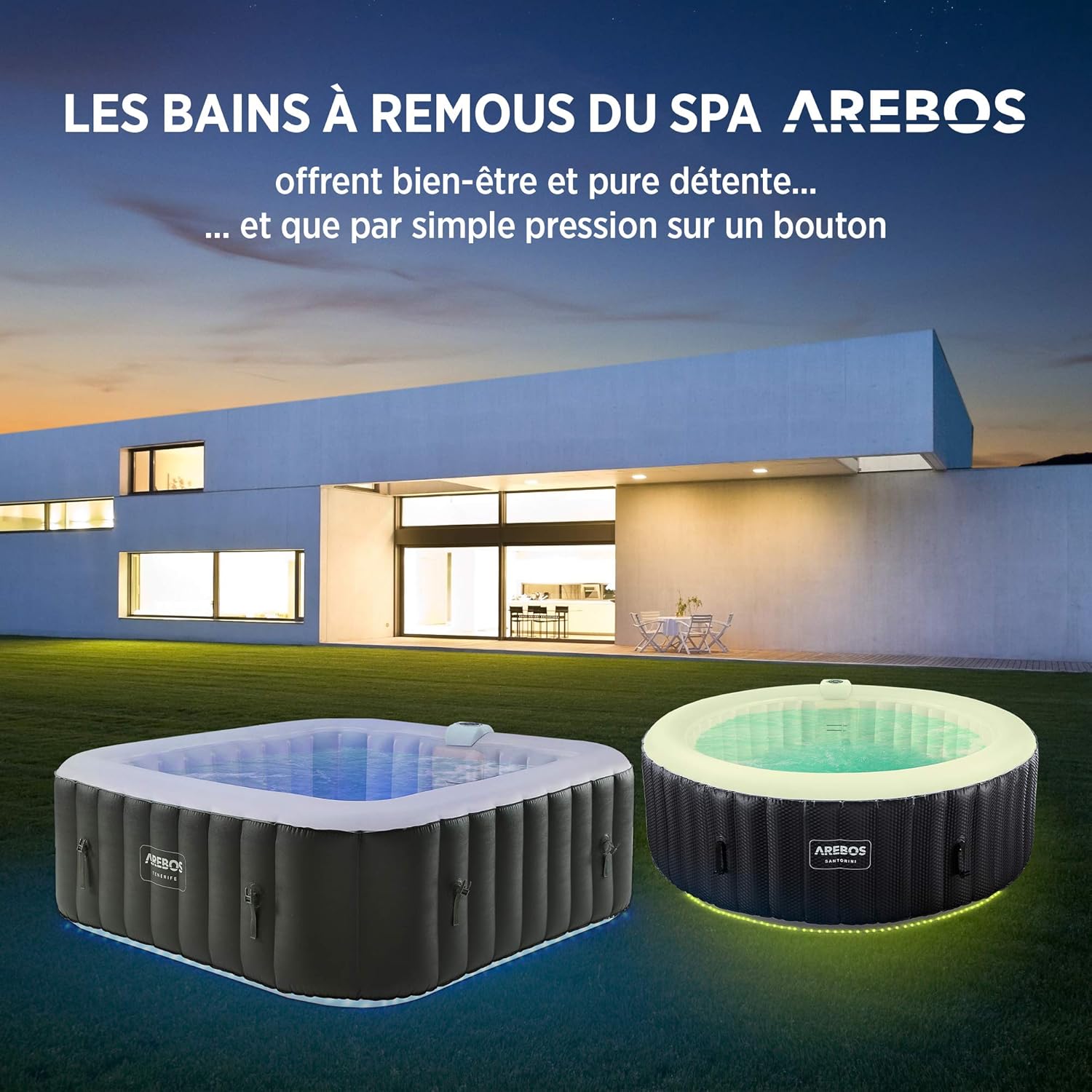 Arebos - Spa gonflable LED, 185x185cm, 6 pers, 130 jets massage