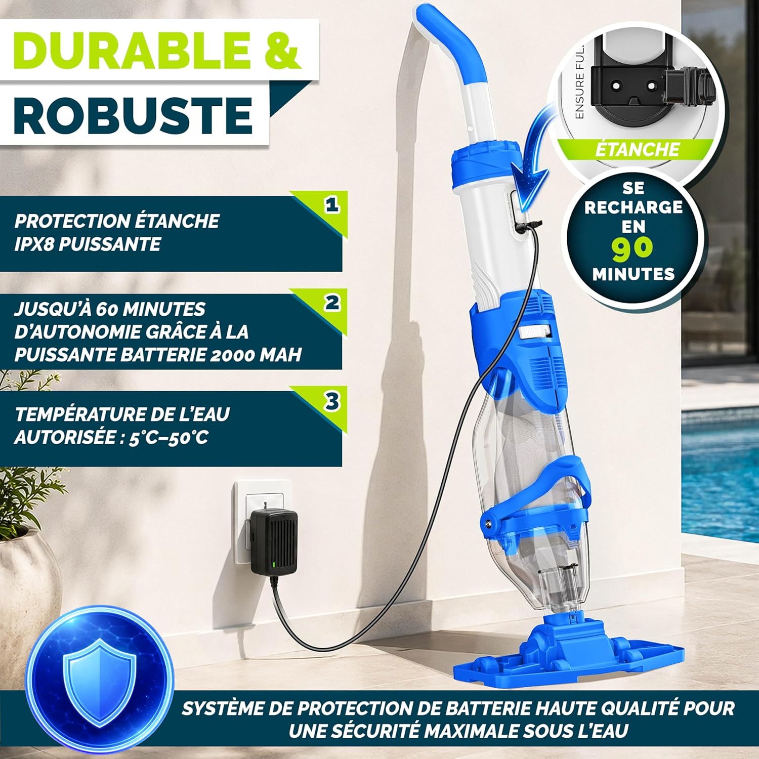 tillvex - Aspirateur piscine électrique - manche télescopique - filtre intégré - autonomie 60 min