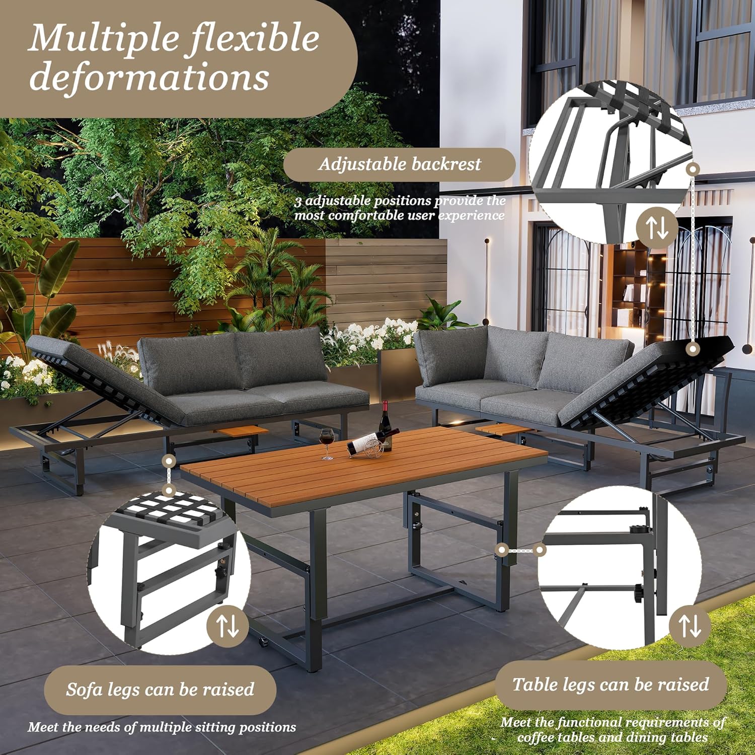Sapgaks - Ensemble de jardin 6 places, fer, acacia, dossier réglable, table modulable, gris