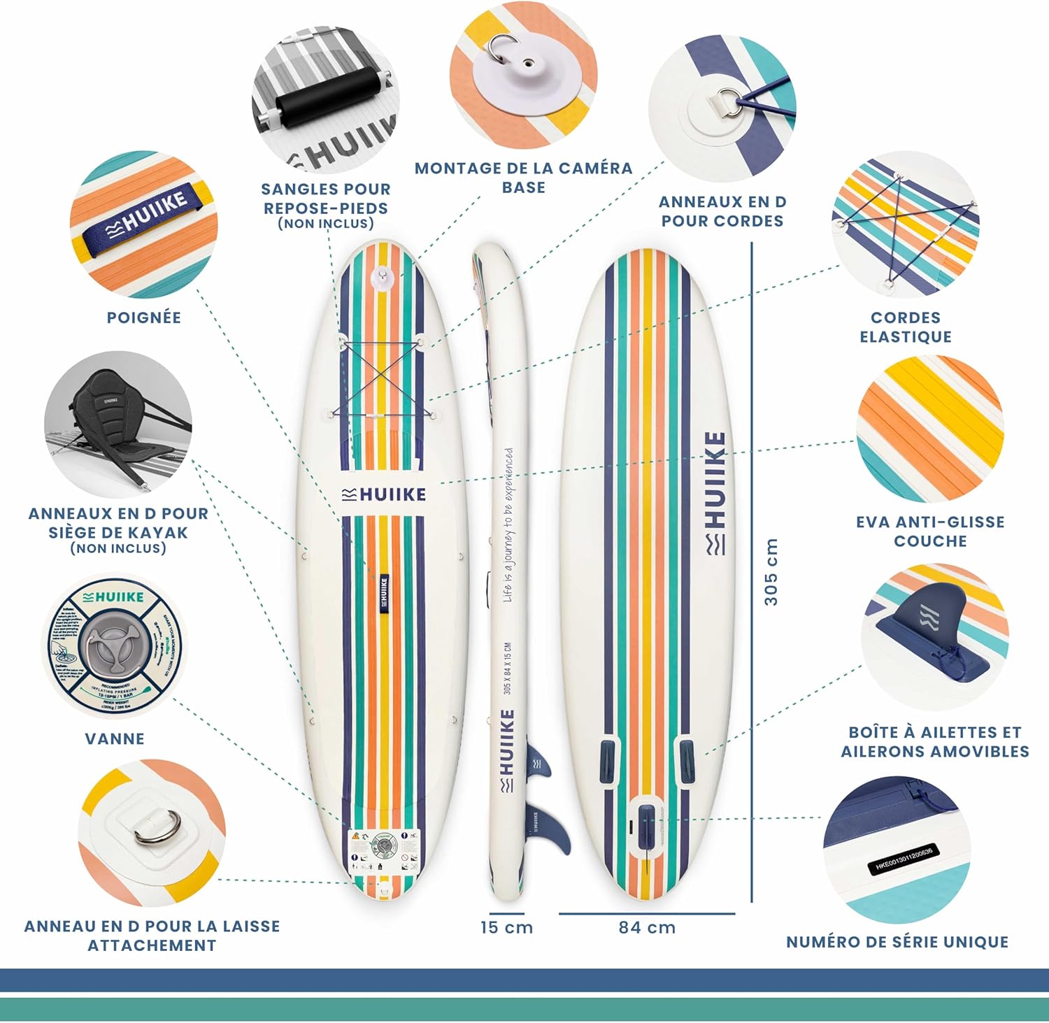 HUIIKE Paddle Gonflable Adulte avec Accessoires Inclus, Pagaie, Ailerons, Pompe. Planche de Stand Up Paddle Grande Stabilité et Résistance. 305 x 84 x 15 cm, Jusqu'à 130 kg