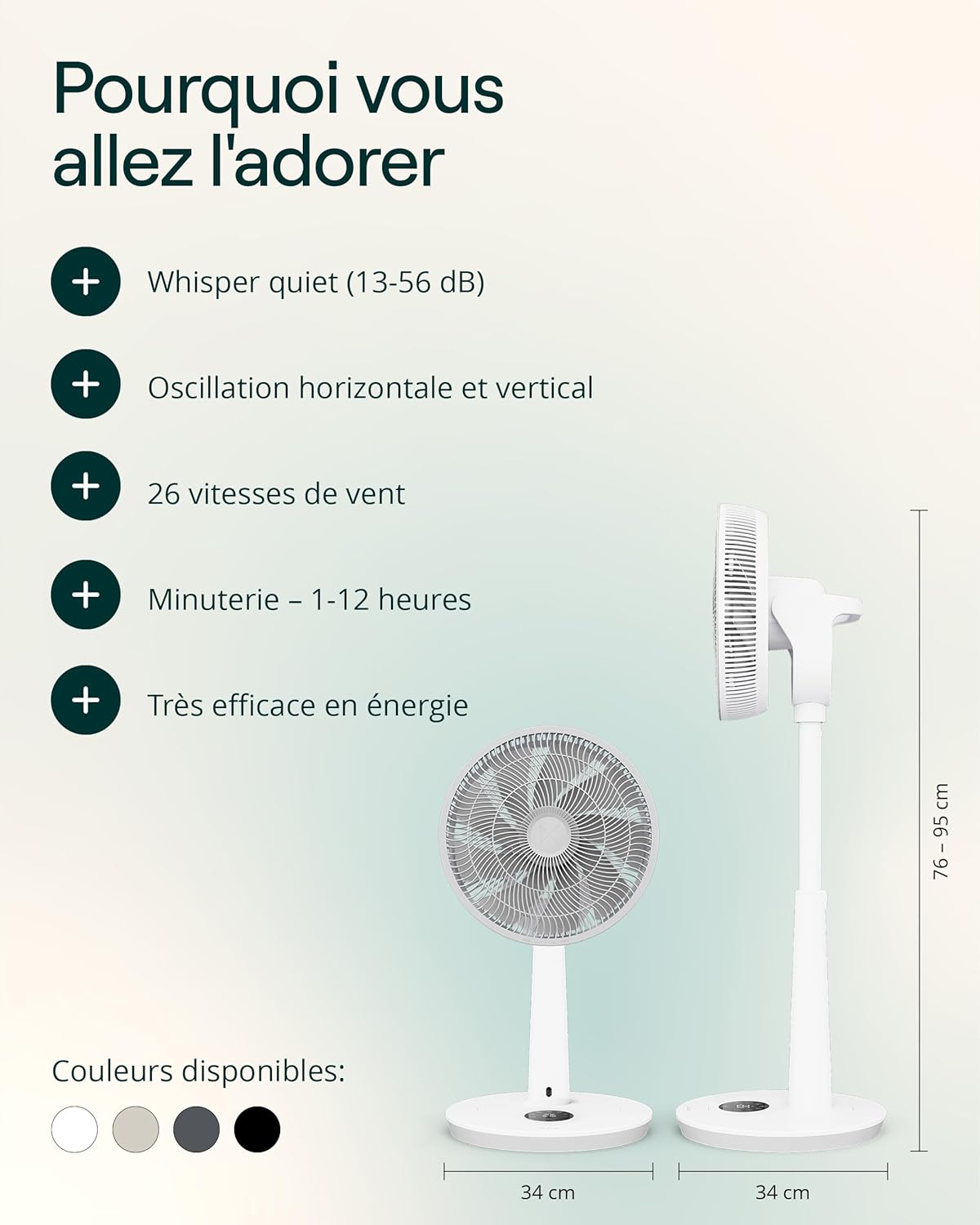 Duux Whisper 3 Ventilateur sur Pied – Ventilateur Économe en Énergie avec 26 Vitesses, Minuterie et Mode Nuit – Hauteur Réglable (73–95 cm) – Oscillation Horizontale et Verticale – Blanc
