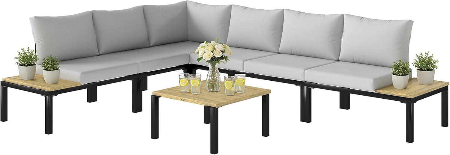 Outsunny - ensemble salon jardin modulable 6 pièces - convertible en lit, table basse intégrée, gris anthracite