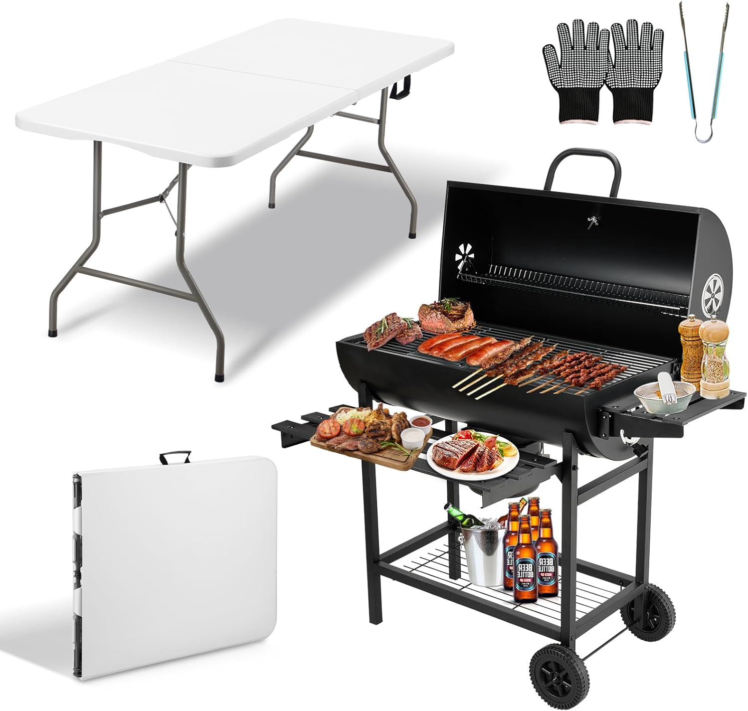 TEENO - barbecue charbon + table pliante 180x74x74 cm - gants inclus
