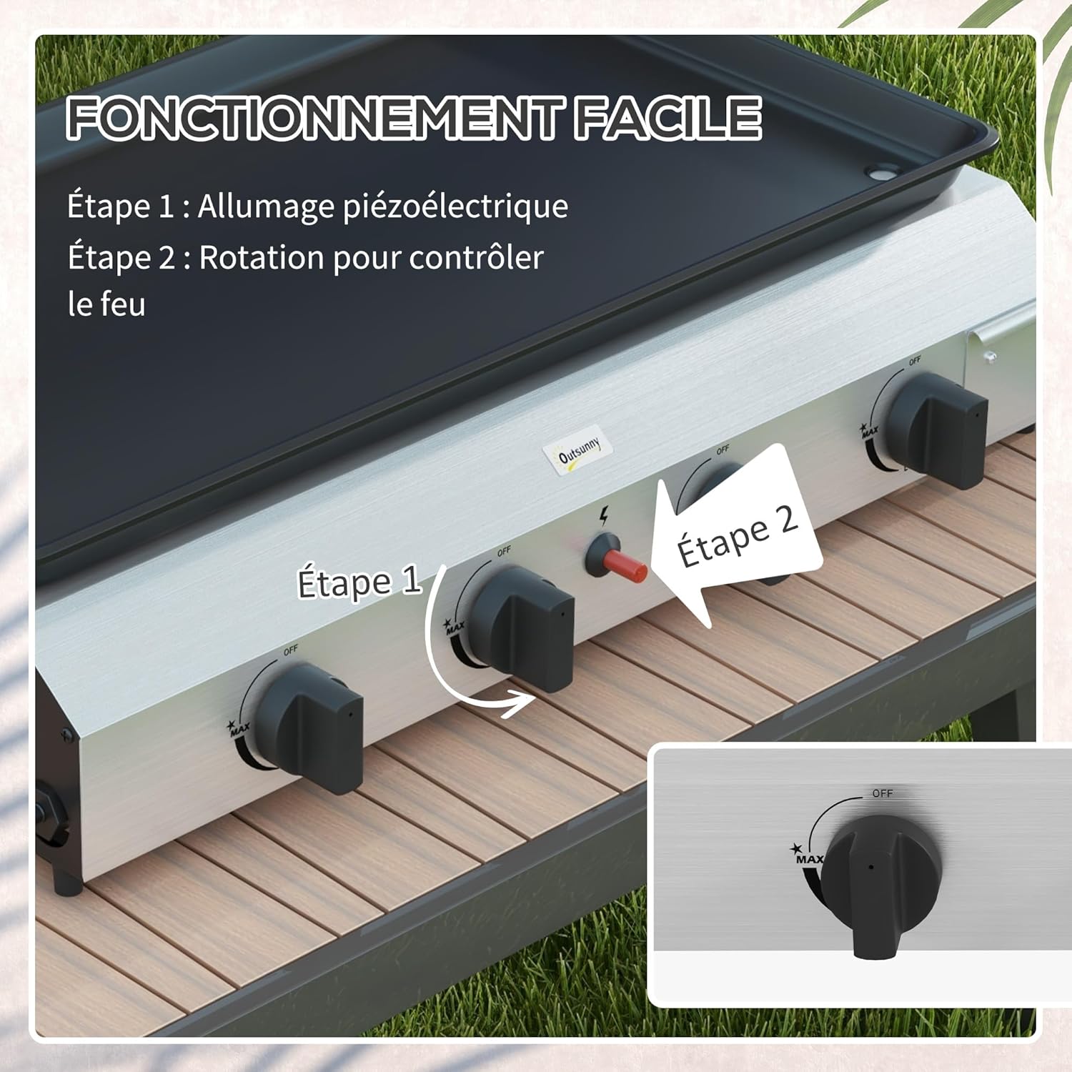 Outsunny - plancha 4 brûleurs - 73x34 cm - acier inox émaillé, 9,6kW, grande surface