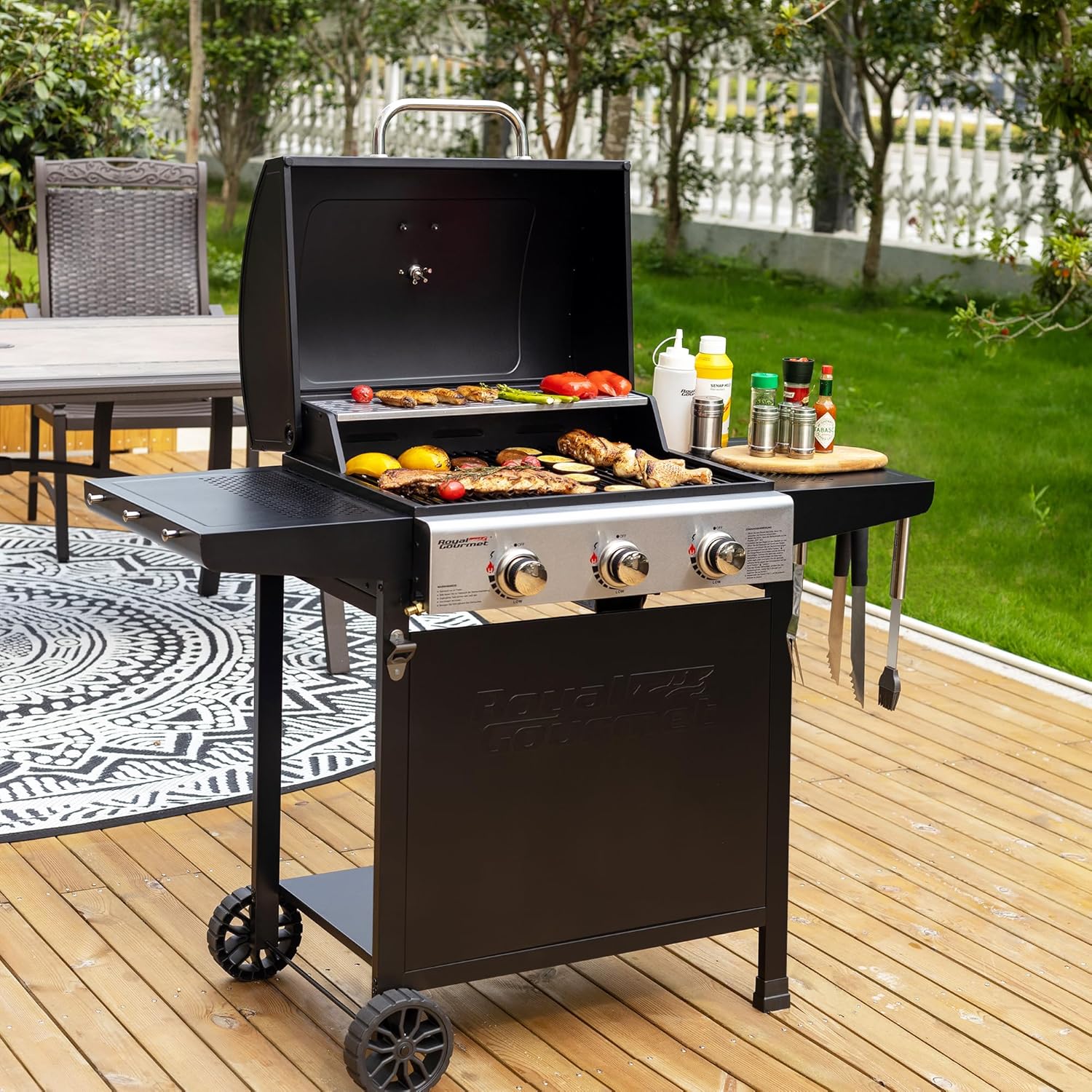 Royal Gourmet – BBQ Gaz 3 brûleurs – 9kW – chariot, capot, grilles, jardin