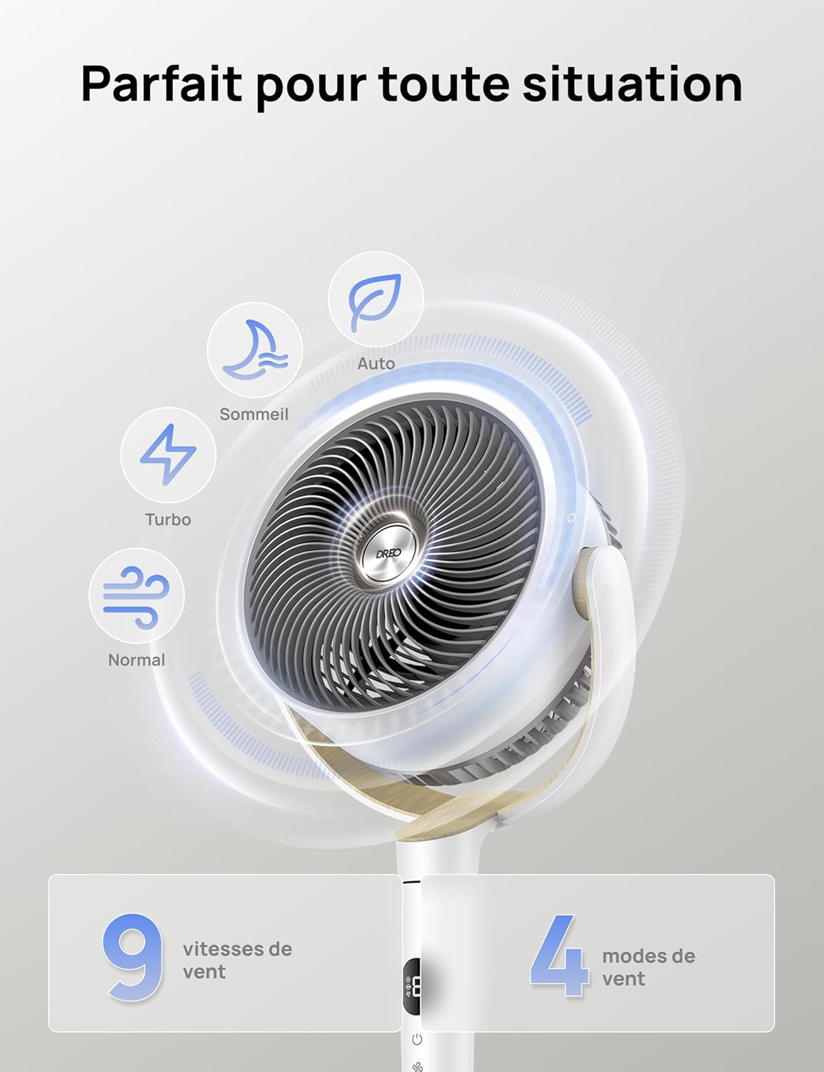 DREO Ventilateur de pièce, ventilateur oscillant 120°+120°, moteur DC, circulation d’air jusqu’à 30 m pour toute la pièce, 9 vitesses, 4 modes, ventilateur sur pied silencieux, 20 dB.