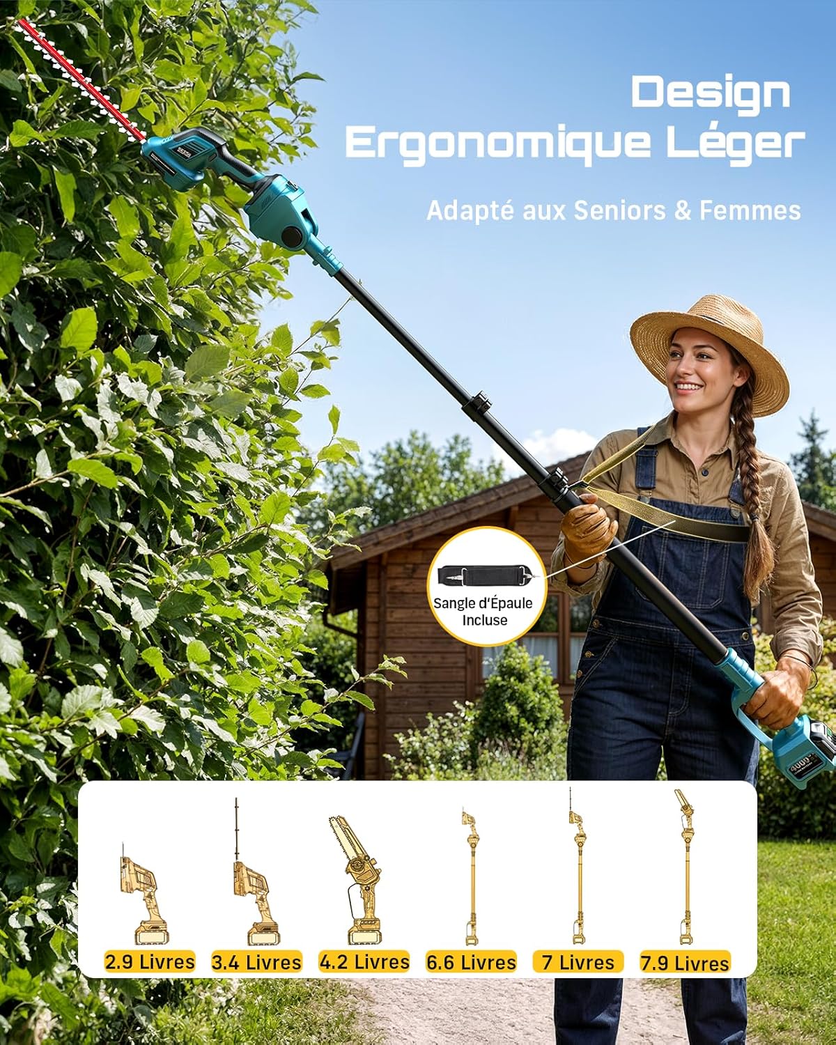 SEESII 6-en-1 Mini Tronçonneuse & Taille-haie, avec 2 * 4000mAh Batteries, Tronconneuse Electrique à Perche Télescopique, Portée Maximale Jusqu'à 4,57m, à 30 ML Bouteille d'huile