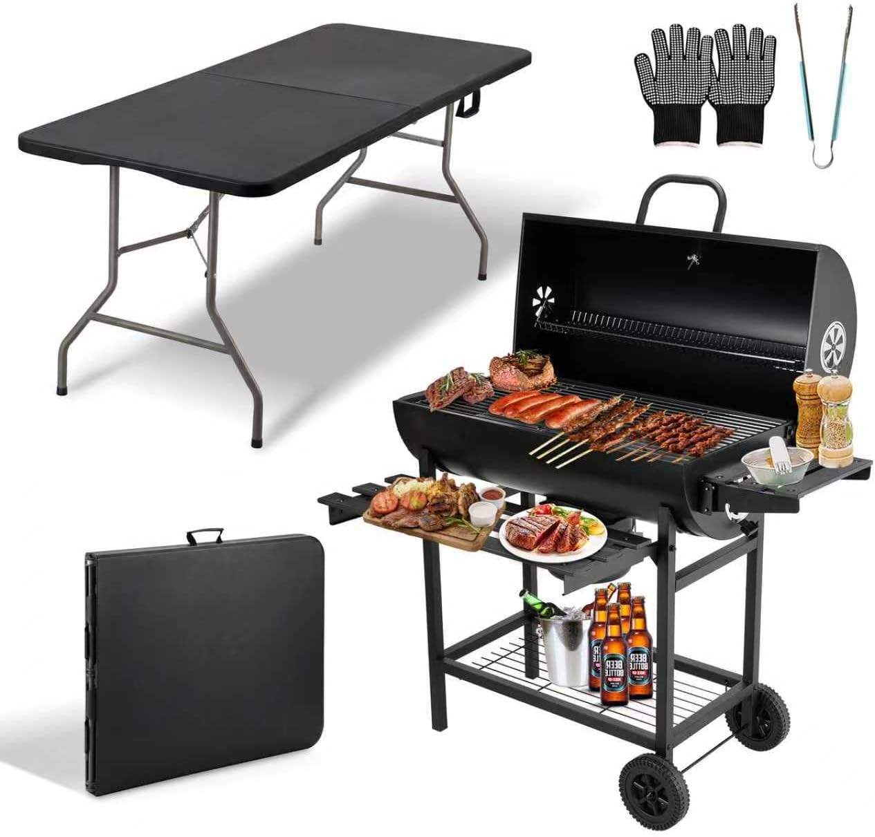 TEENO - Barbecue charbon grand format + table pliante 180x74x74 cm - gants inclus