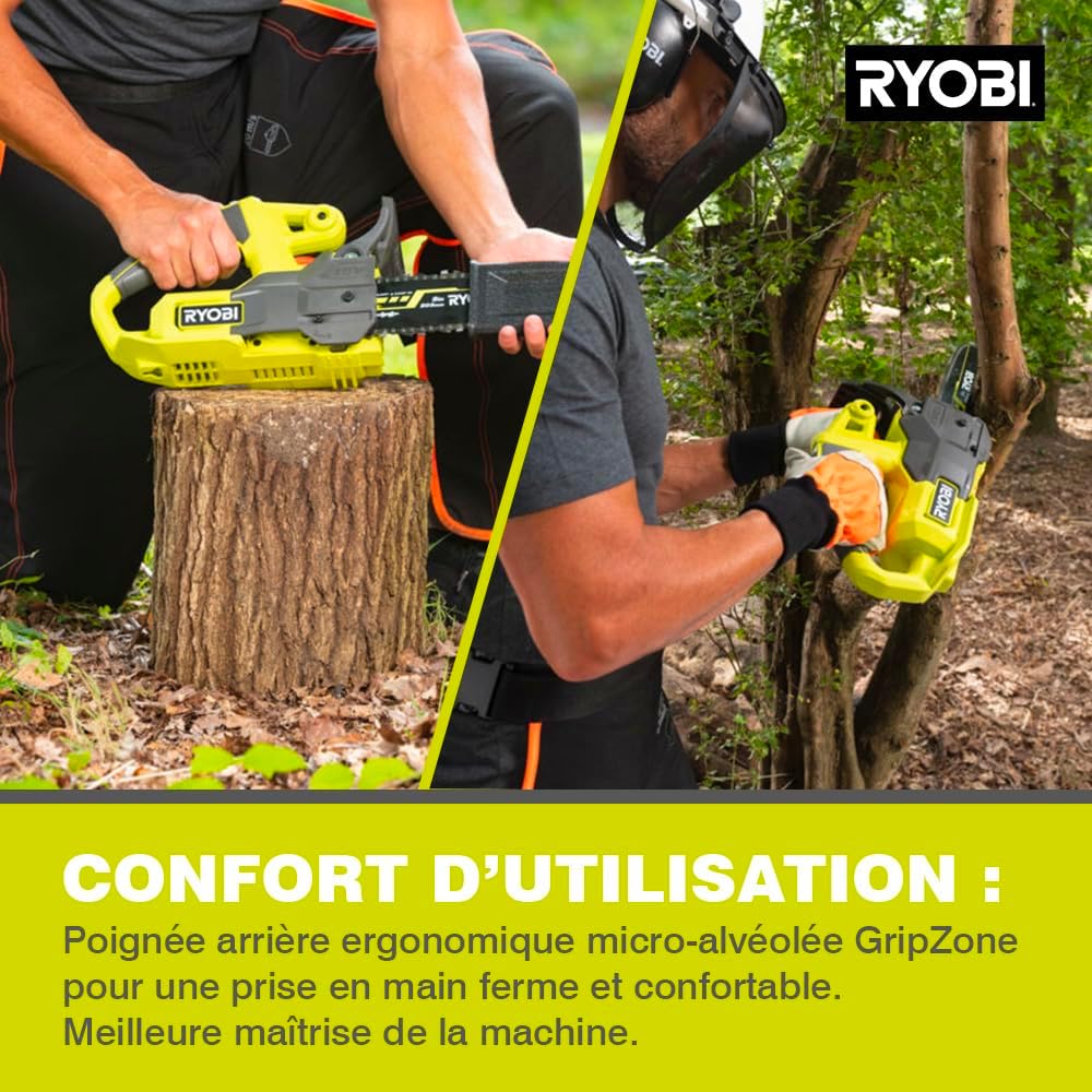 RYOBI - Tronçonneuse Sans Fil 18V ONE+ RY18CS20A-125 – Guide 20 cm, Batterie 2.5Ah + Chargeur, Lubrification Auto, Démarrage Instantané – Coupe Bois, Bûches, Branches, Entretien Jardin