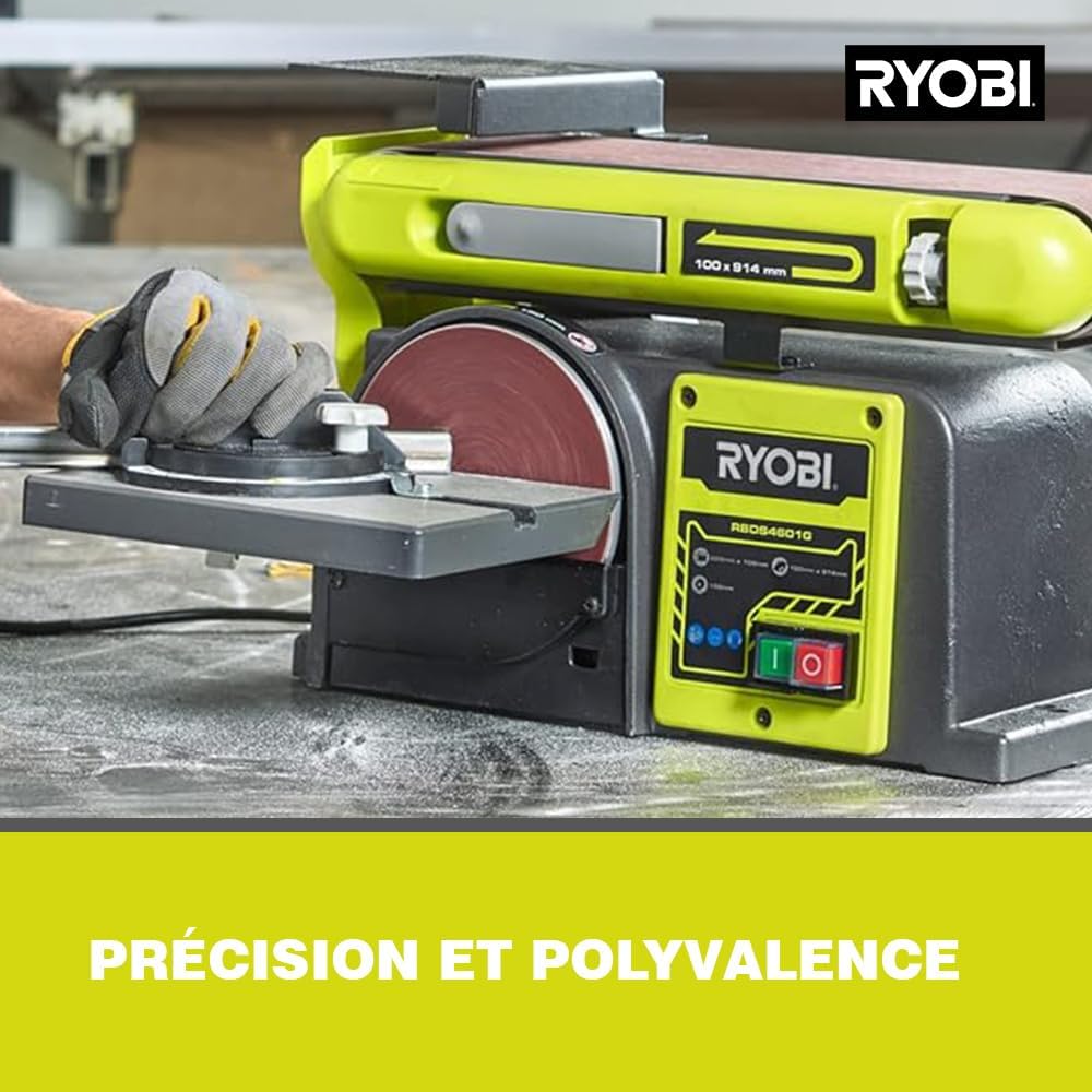 RYOBI - Ponceuse à Bande et a disque RBDS4601G – Moteur 370W, Bande 100x914 mm, Disque Ø150mm, Buse d’aspiration, Butée, Idéale Bois et Métaux – Outil Stationnaire pour Atelier