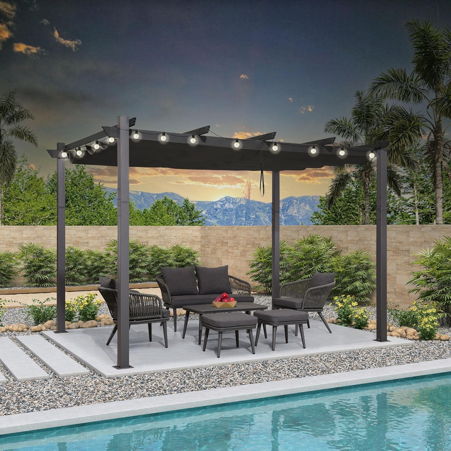 PURPLE LEAF - pergola aluminium - 3,65x3m - toit rétractable LED, tissu gris