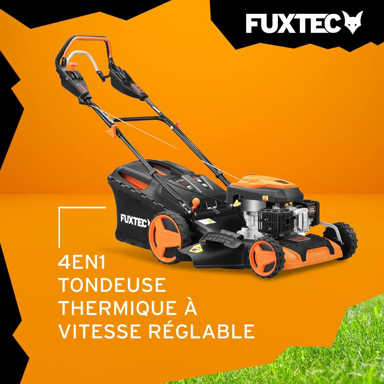 FUXTEC Tondeuse Thermique autotractée à Vitesse réglable FX-RM5196PRO, Largeur de Coupe 51 cm et Moteur autopropulsé 196cm3 GT Variable, Bac de ramassage 60L