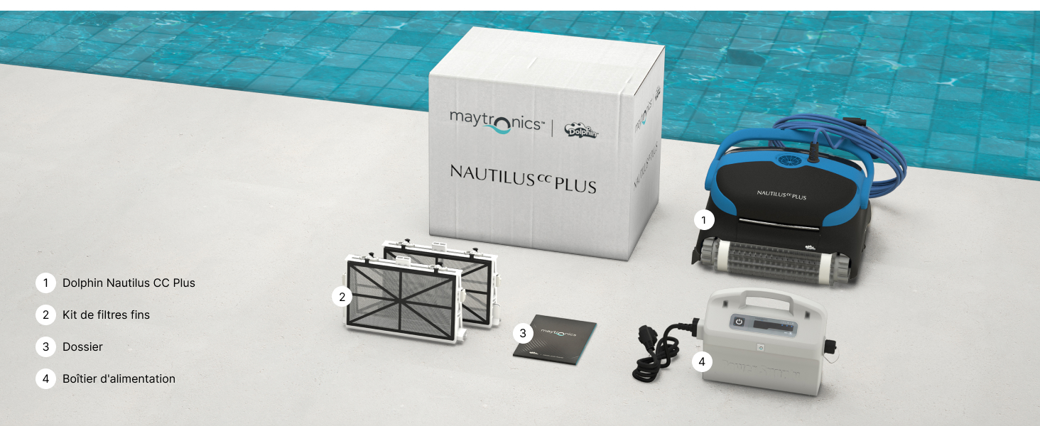 une boîte contenant divers produits dont un robot, un chauffe-eau, une caméra, une caméra et une piscine.