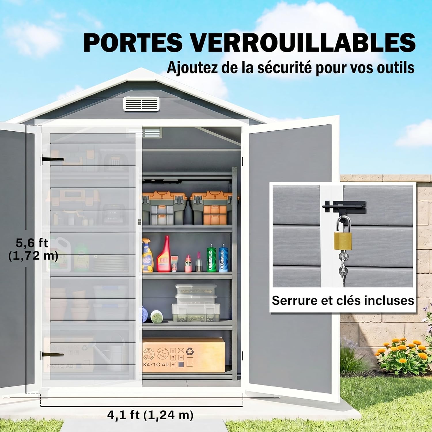 Outsunny - abri de jardin résine 2,12m², double porte, fenêtre, toit pente