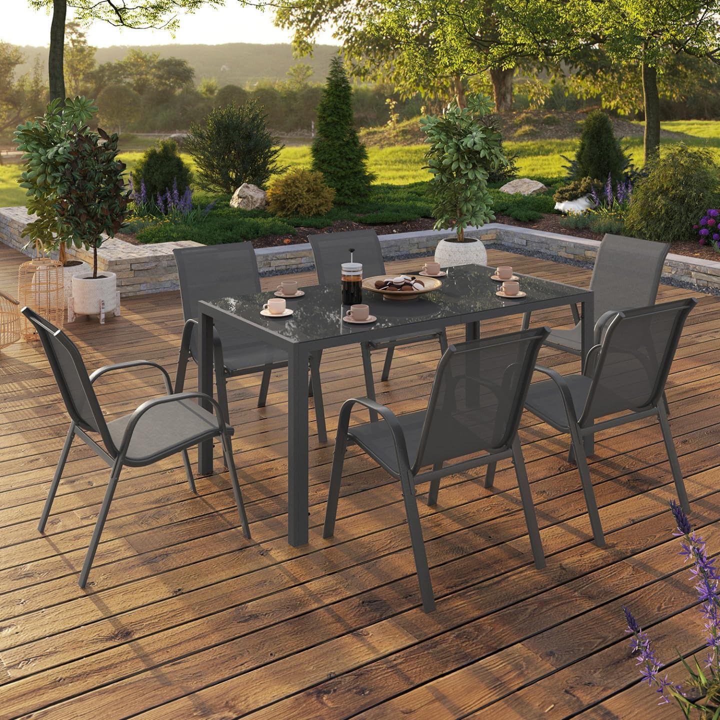 IDMarket - Salon de jardin Madrid 150cm, 6 chaises empilables gris