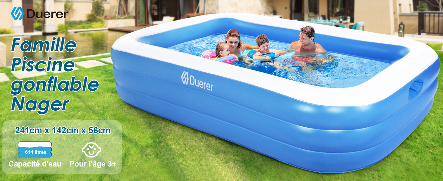Grande piscine rectangulaire gonflable bleue sur gazon. Personnes visibles à l'intérieur. Le nom et les spécifications du produit apparaissent sur la superposition de l'image