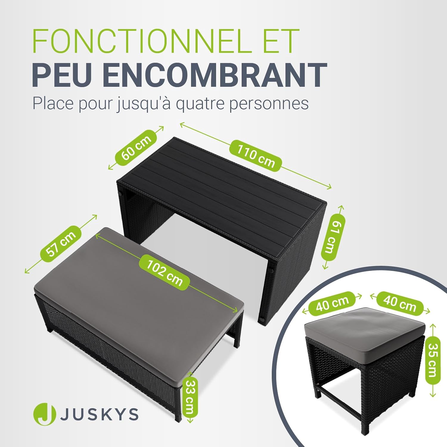 Juskys - Jamaika 2 en 1 - table, banc, 2 tabourets, coussins lavables, noir gris, jusqu'à 4 personnes