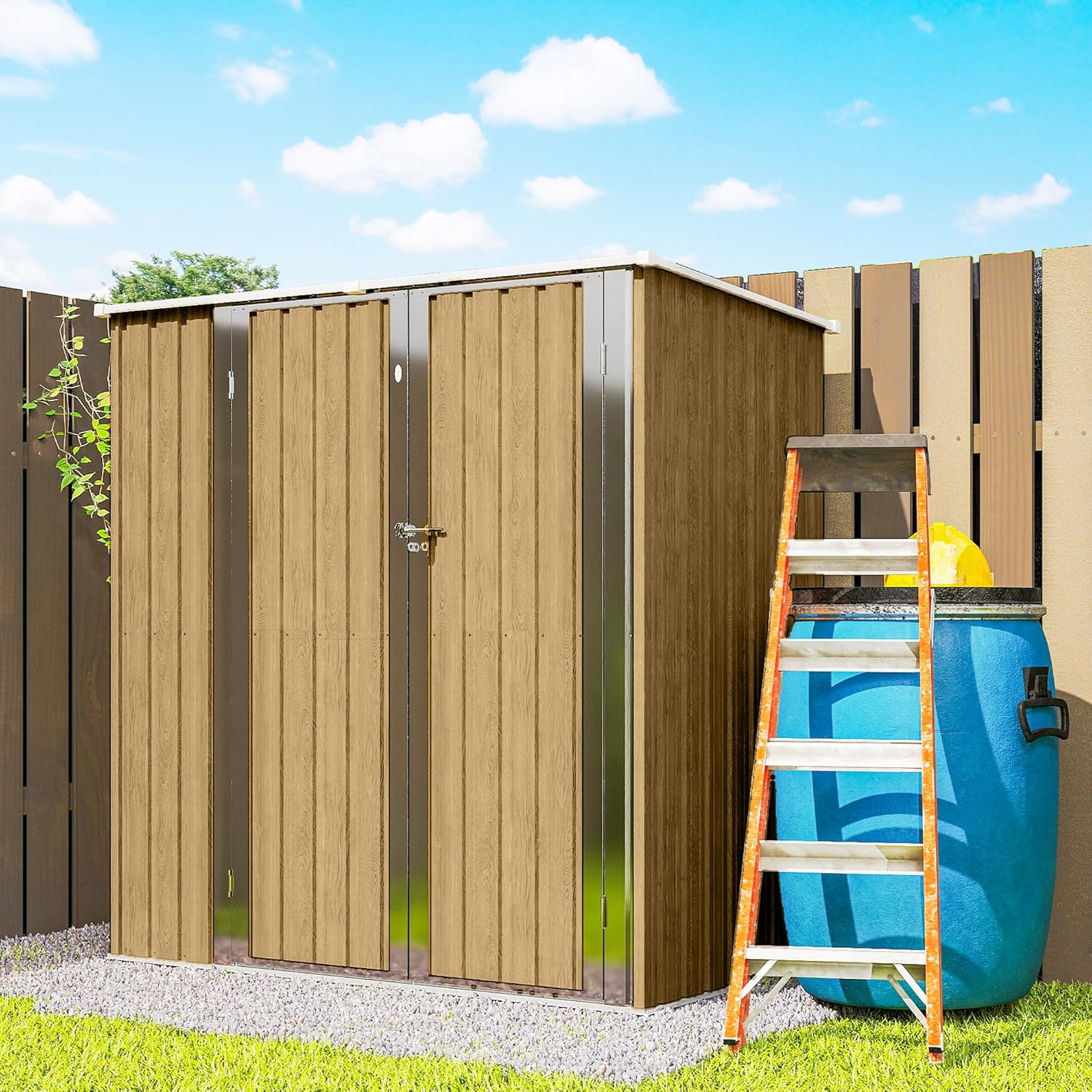 Outsunny Abri de Jardin d'extérieur 1,37 m², 163 x 89 x 163 cm, abri de Jardin métallique d'extérieur avec Toit en Pente, Portes à loquet et poignées pour Le Rangement des Outils, Marron Clair
