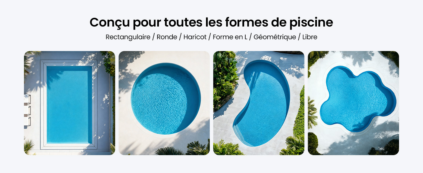 Séquence d'images de démonstration de produits montrant des articles ou des traitements de couleur bleue appliqués par étapes.