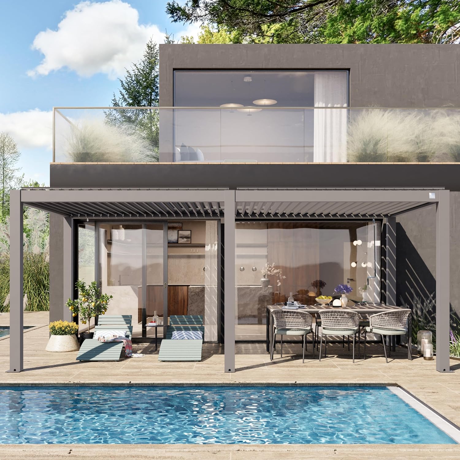 Primeyard - Pergola série aluminium - 3x6 m - lames orientables, poteaux alu, gris