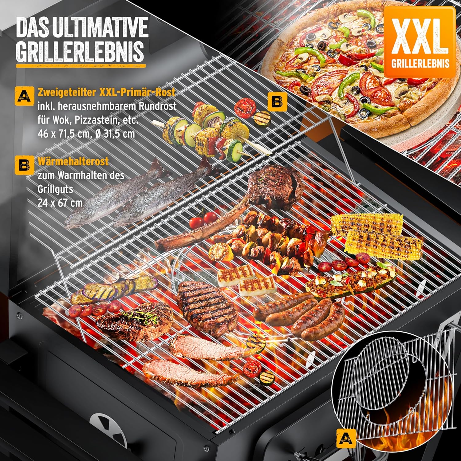 KESSER - Chariot à Barbecue XXL - grill charbon, couvercle, roues, inox, thermomètre
