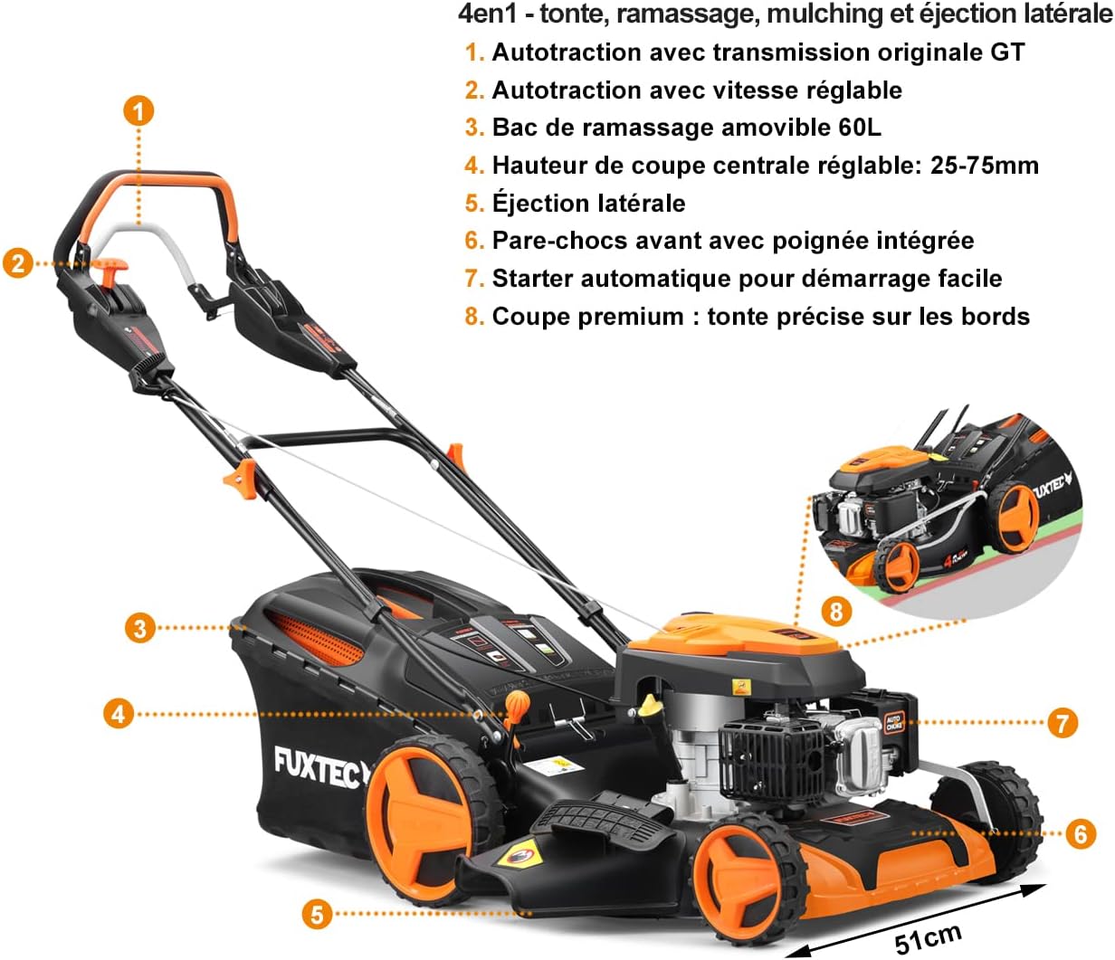 FUXTEC Tondeuse Thermique autotractée à Vitesse réglable FX-RM5196PRO, Largeur de Coupe 51 cm et Moteur autopropulsé 196cm3 GT Variable, Bac de ramassage 60L