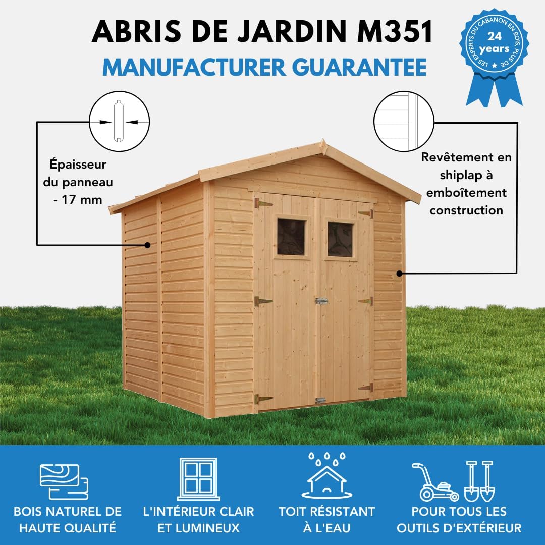 Abri de Jardin en Bois Naturel Plus Les PLANCHERS IMPRÉGNÉ - Stockage extérieur avec fenêtres H228x222x233 cm/4,2 m² Hangar en Bois Naturel - Atelier Rangement Outils et vélos- TIMBELA M351+M351G