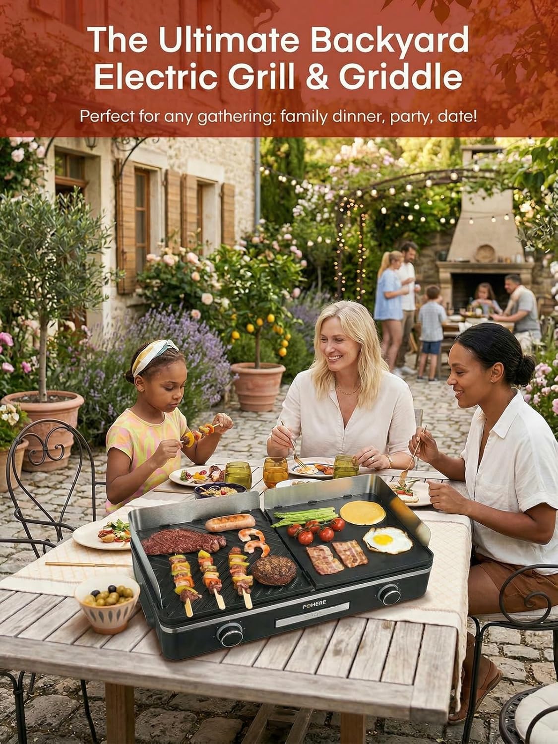 FOHERE - Barbecue de table 2400W - 2 zones, grande plancha antiadhésive