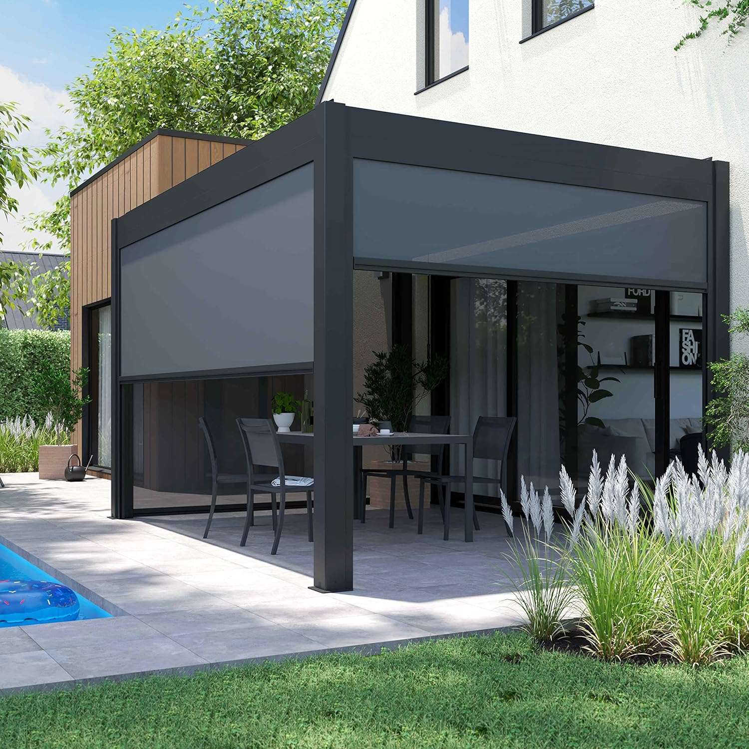 Oviala - Pergola bioclimatique 3x4m autoportée - 2 stores - gris