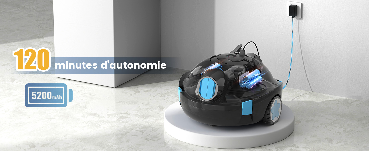 Le texte indique « 120 minutes d'autonomie, 5200 mAh ». Appareil sphérique robotique identique avec corps noir et accents bleus, représenté sous un angle différent avec le câble de charge, la capacité de la batterie et les spécifications d'autonomie affichées.