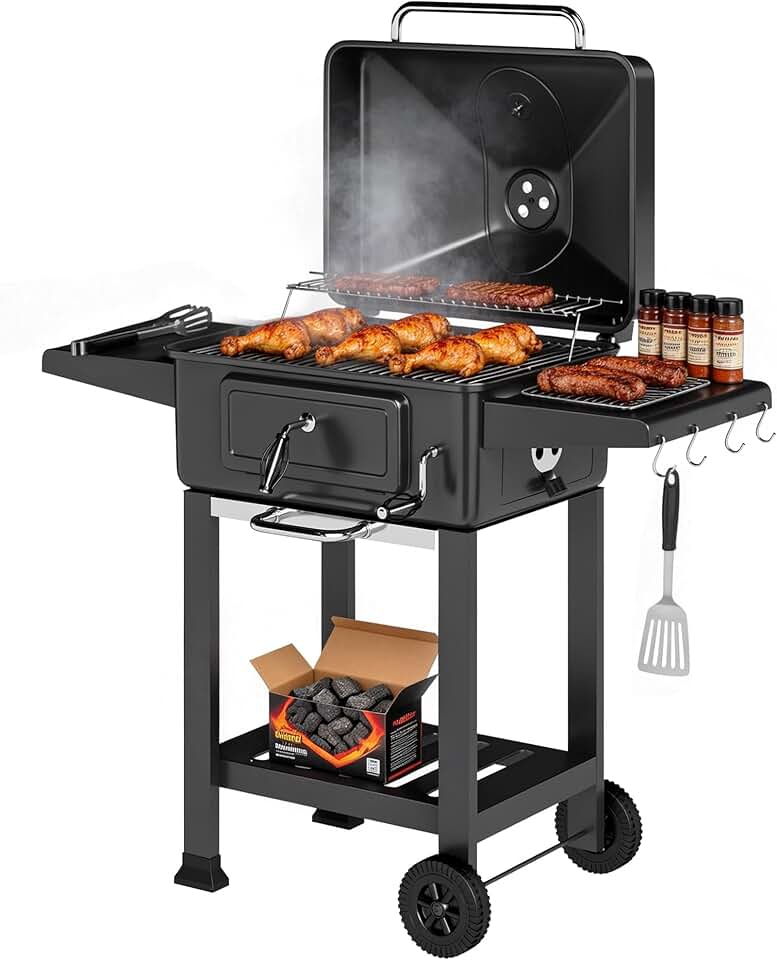 Outsunny - Barbecue XXL 112 cm - fumoir, thermomètre, chariot, couvercle