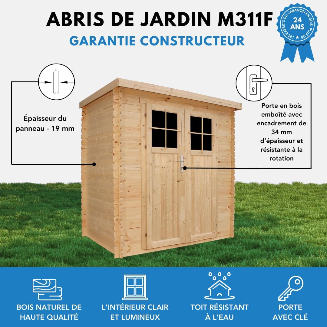 TIMBELA - abri de jardin bois, 204x142x200cm, porte verrouillable, toit étanche, fenêtres, M311F