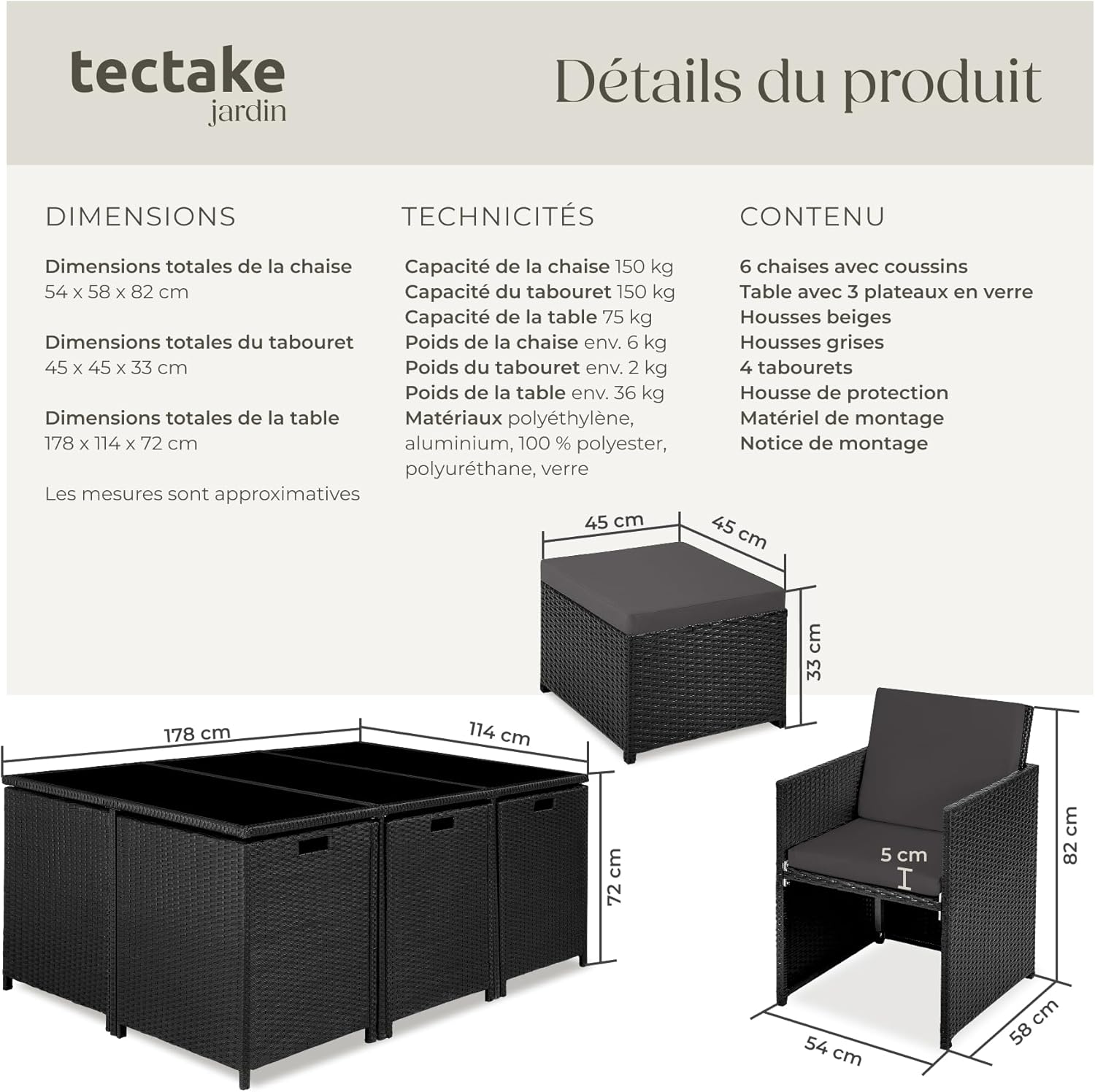 tectake - Salon de jardin Poly Rotin 10 personnes aluminium 2 housses, dimensions généreuses, noir